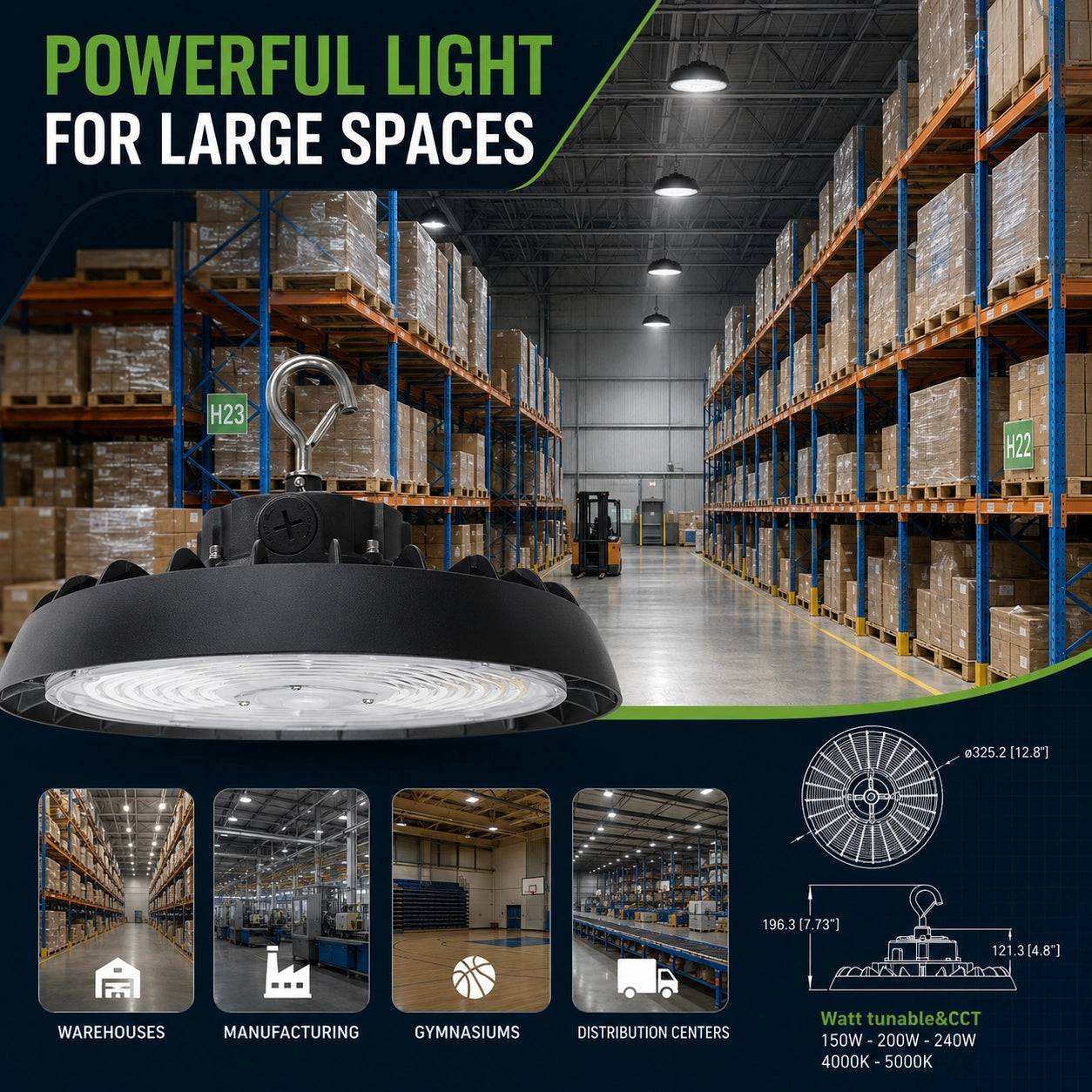 High output LED UFO high bay light replacing up to 1000W metal halide fixtures
