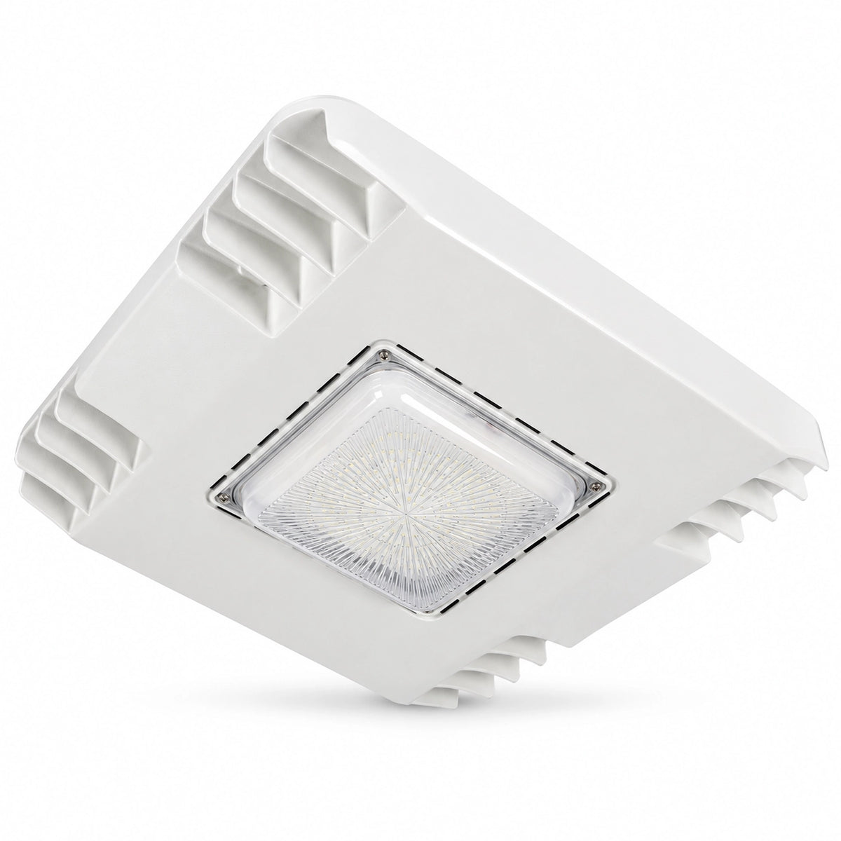 White 100W 130W 150W selectable LED gas station canopy light, angled underside view showing the square lens