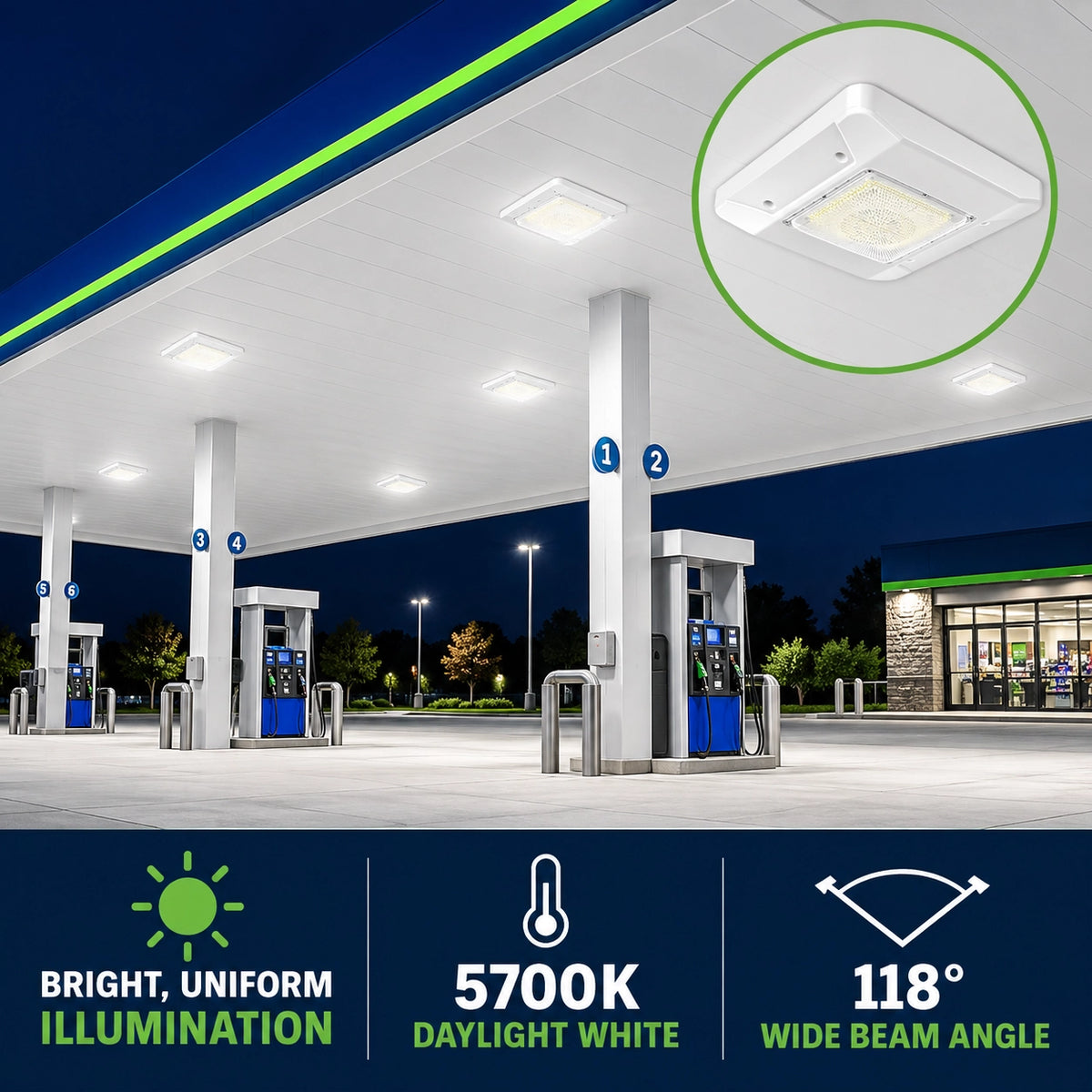 120-277V LED gas station canopy light for commercial service station electrical systems