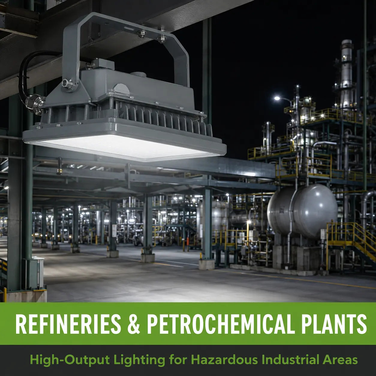 150W explosion proof flood light illuminating a refinery and petrochemical processing plant