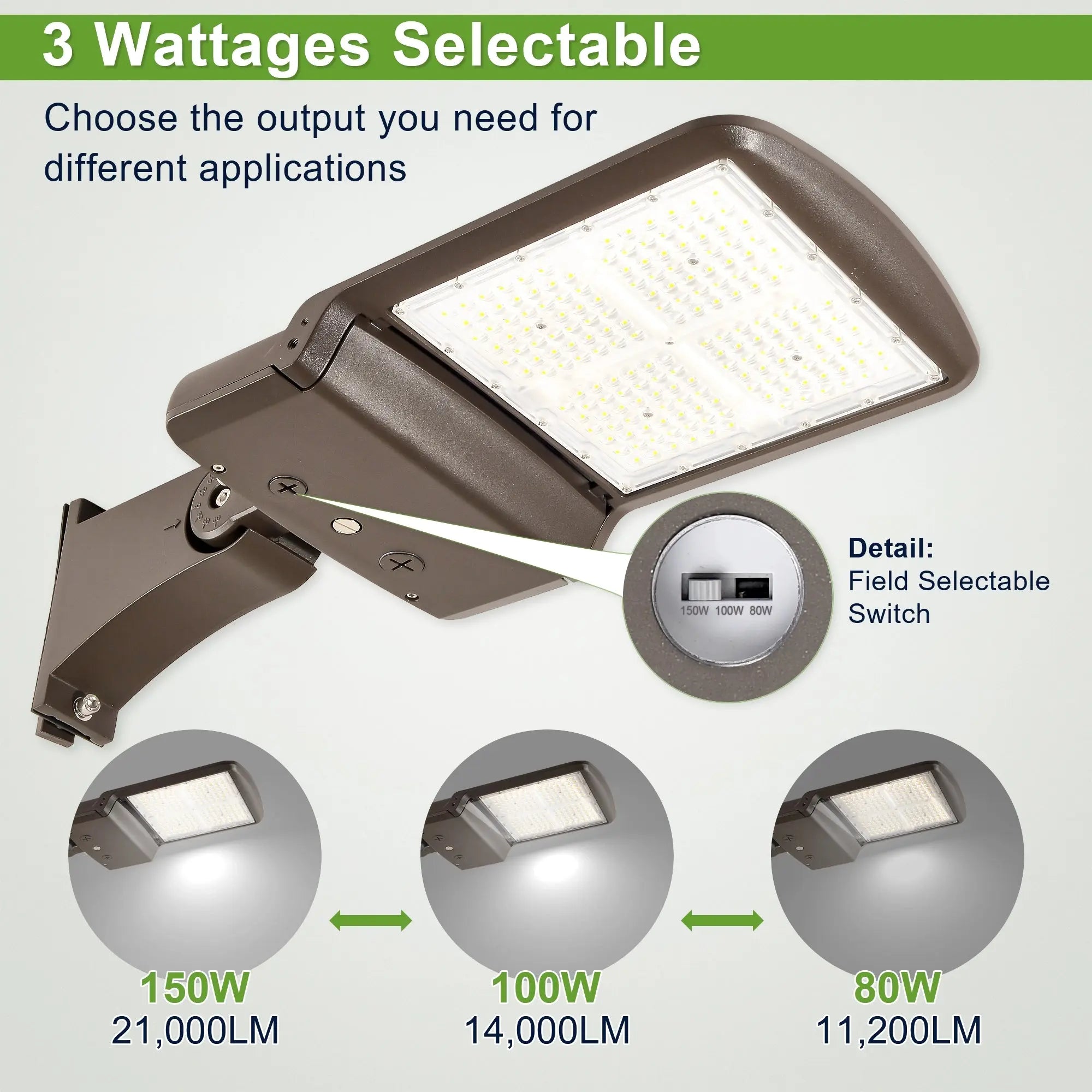 150W selectable LED shoebox area light with direct arm mounting option