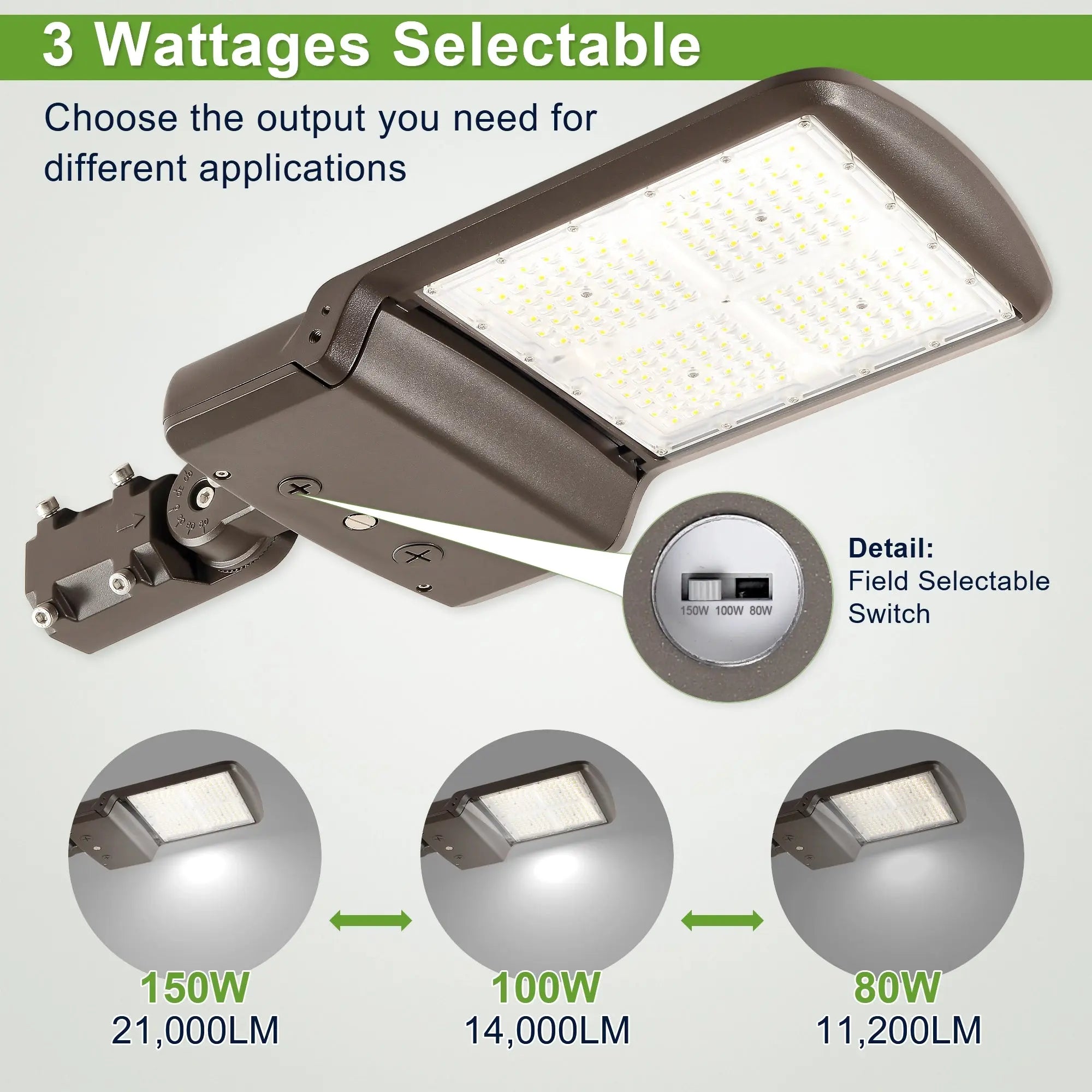 150W selectable LED shoebox area light with adjustable slip fitter mounting option