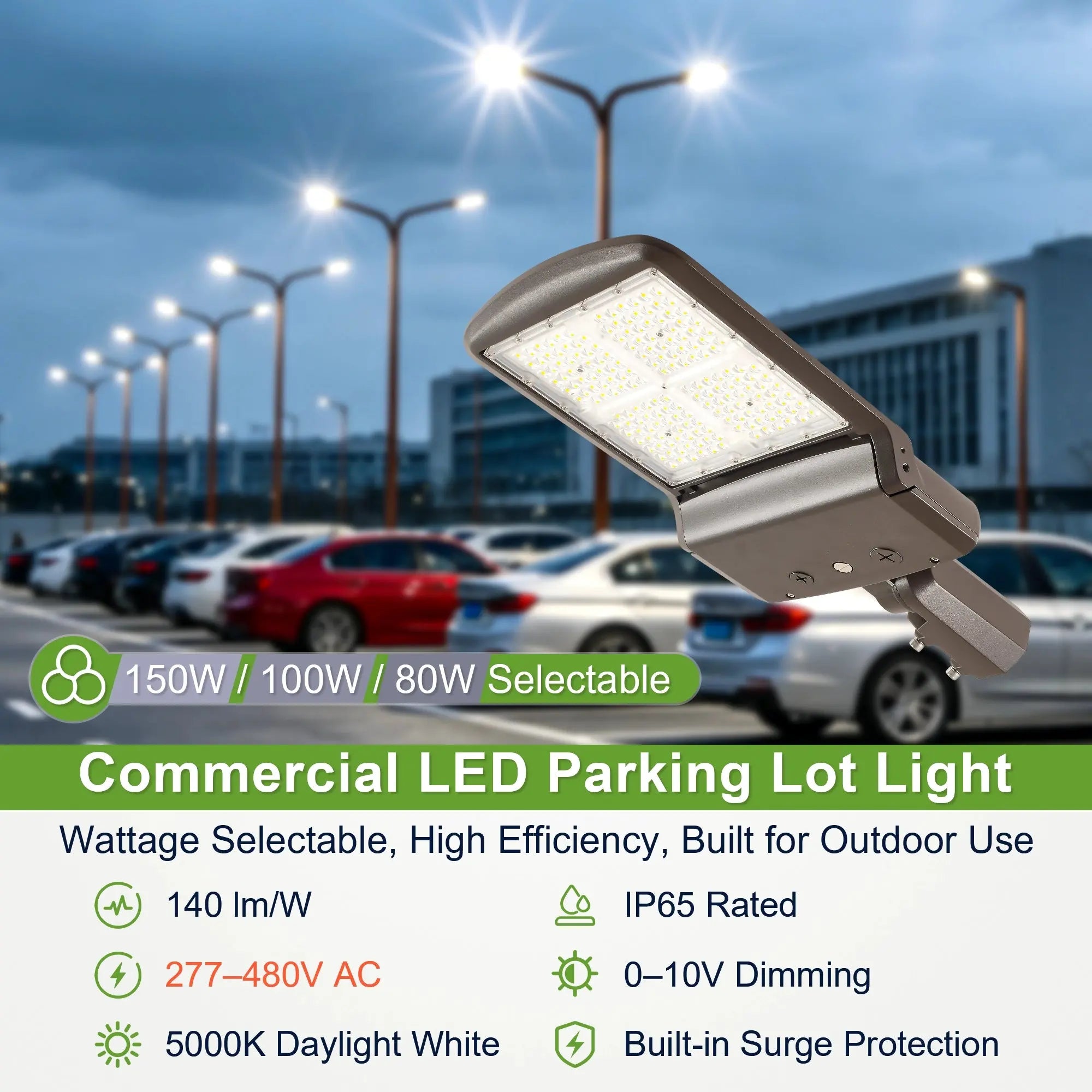 150W 100W 80W selectable LED parking lot light with dark bronze housing and 277-480V input