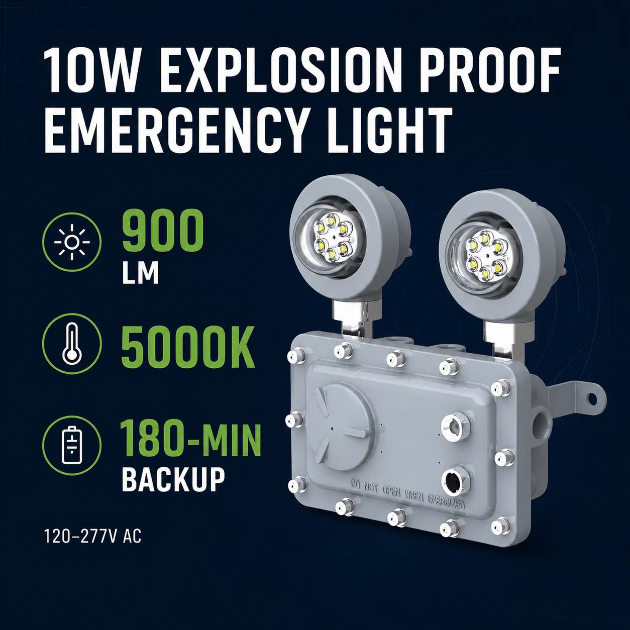 Explosion proof emergency light with up to 180 minute battery backup for power outages