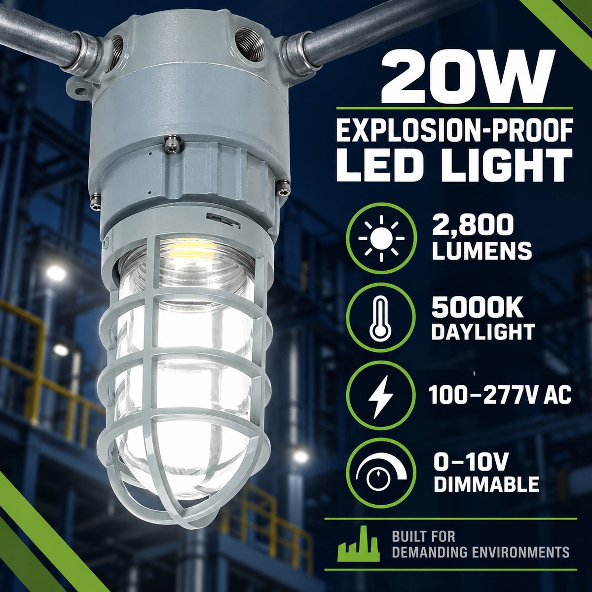 20W C1D2 LED explosion proof light, 2800 lumens, 5000K, 100-277V and 0-10V dimmable