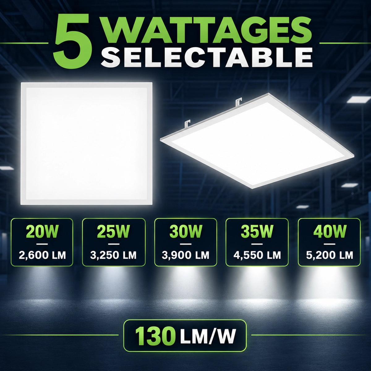 2x2 backlit LED panel light with selectable 20W 25W 30W 35W and 40W settings