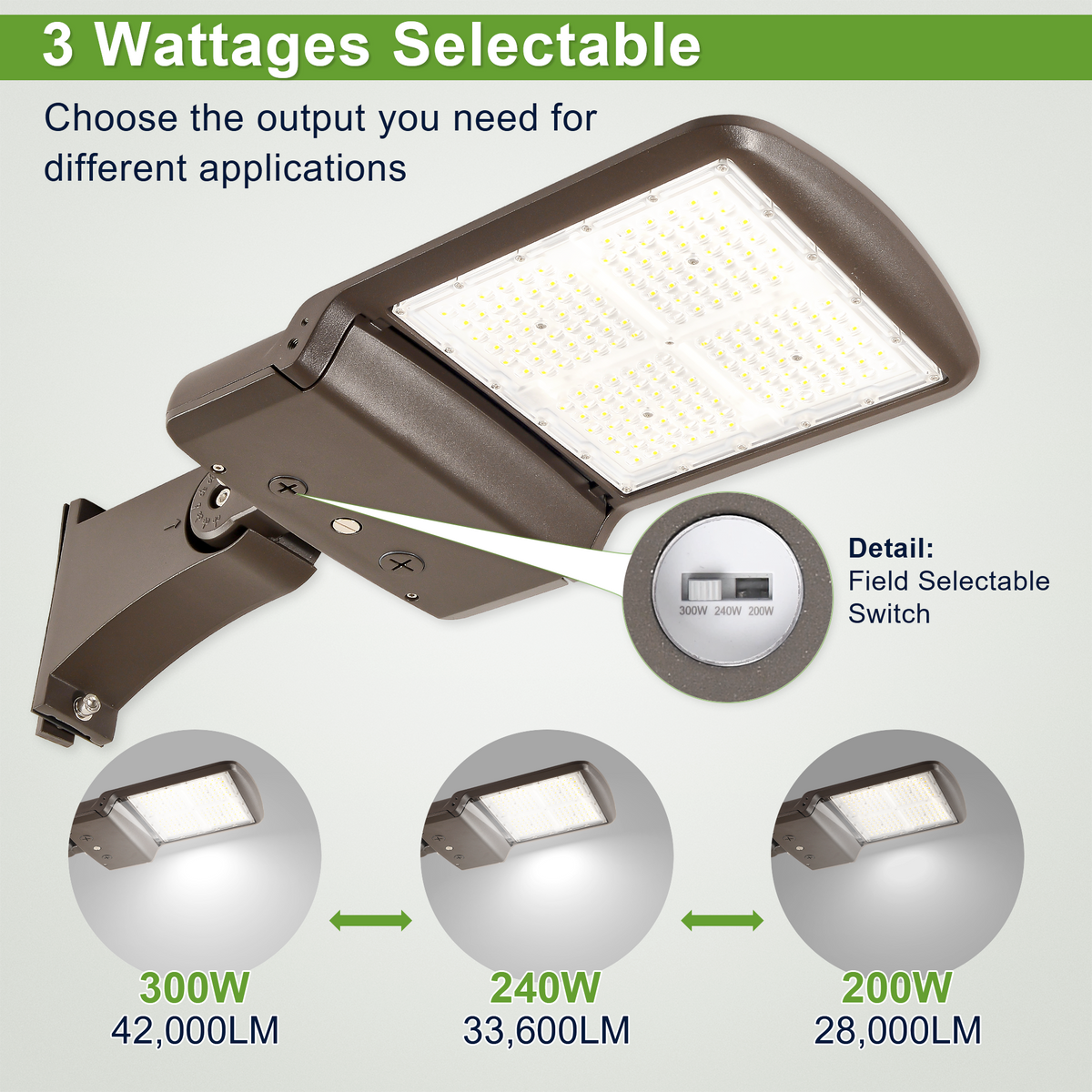 Direct arm LED parking lot light showing selectable 300W, 240W and 200W output with wattage switch detail