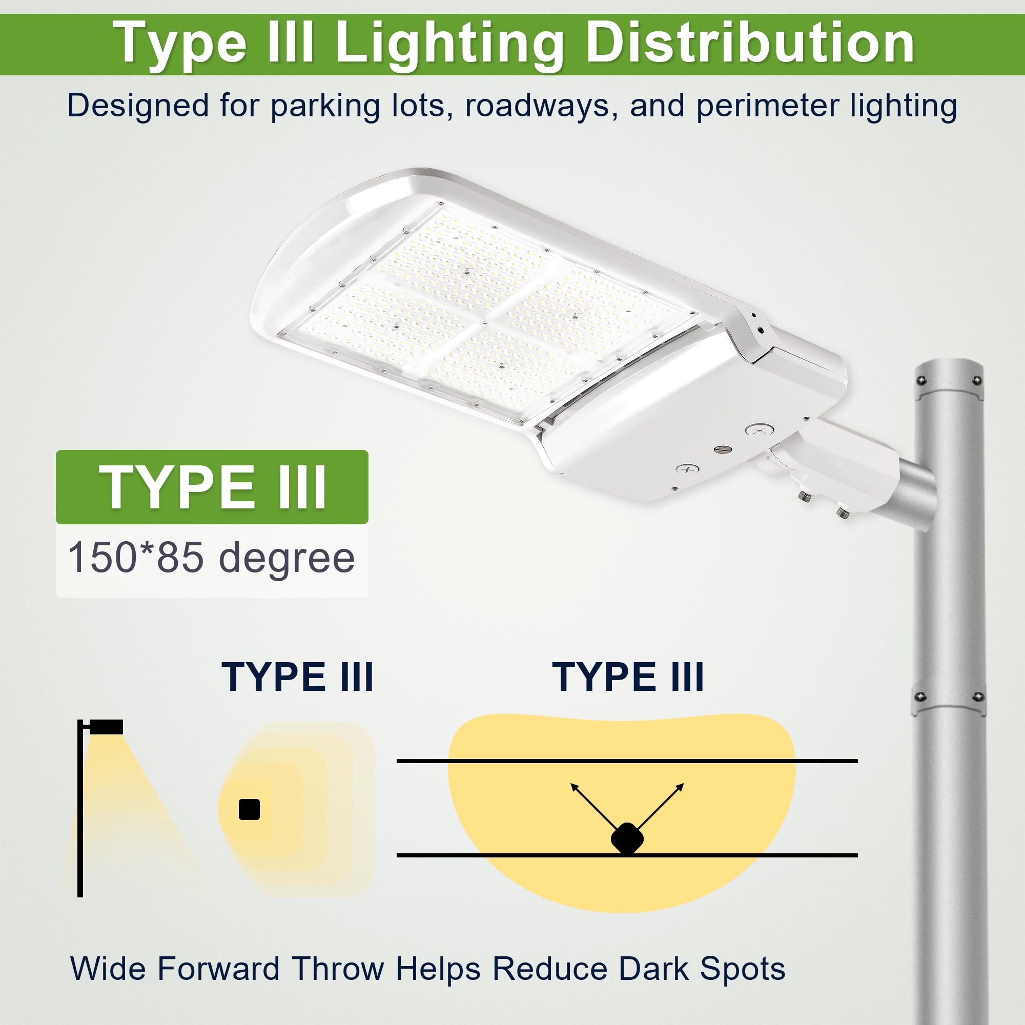 300W selectable LED parking lot light with 5700K output and Type III light distribution