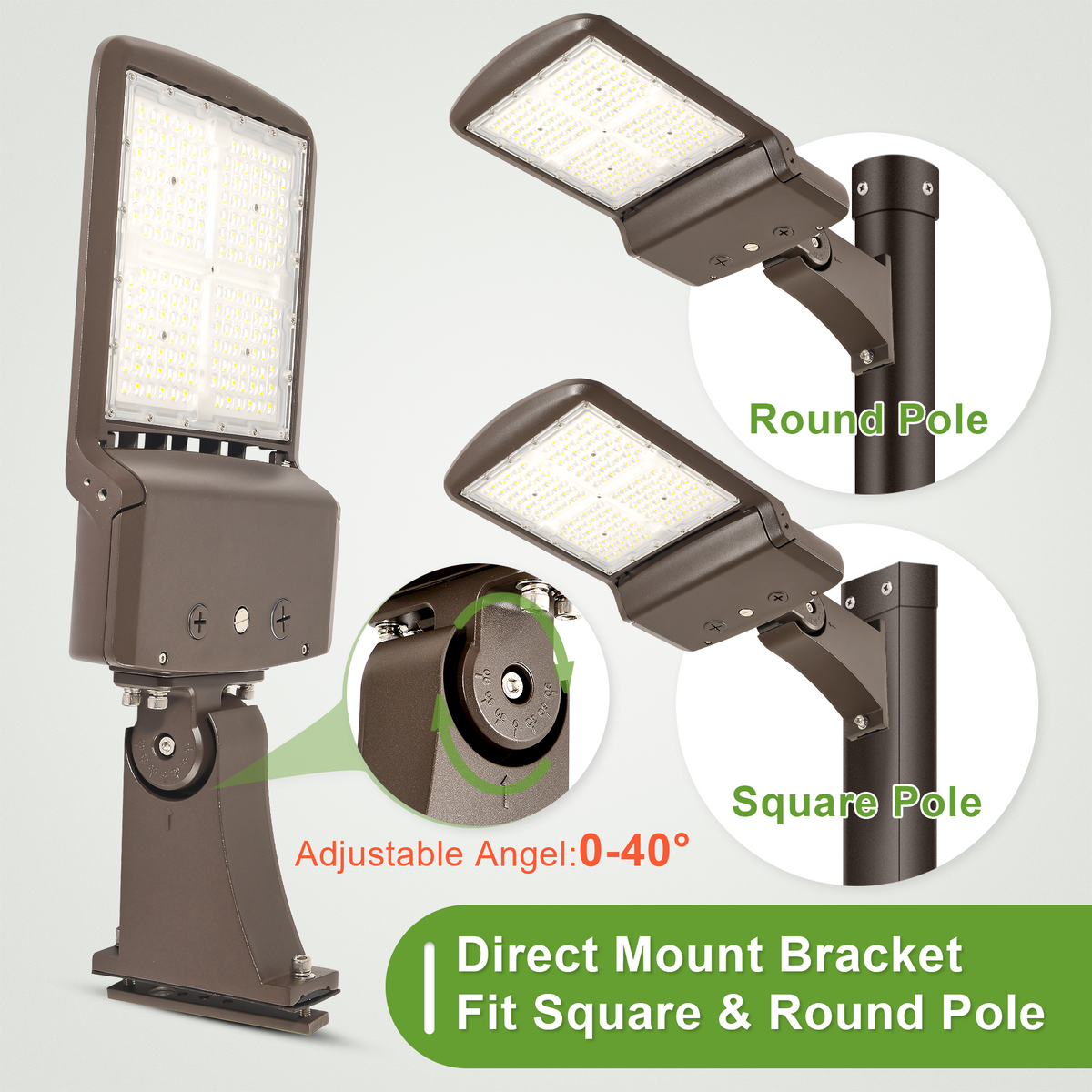 Adjustable direct arm mounting bracket for LED parking lot light shown on round and square poles