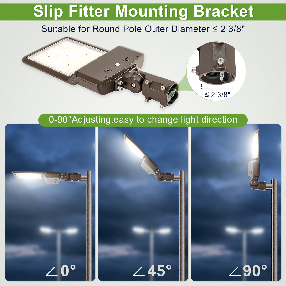 LED parking lot light slip fitter bracket showing round pole fit and adjustable aiming at 0, 45 and 90 degrees