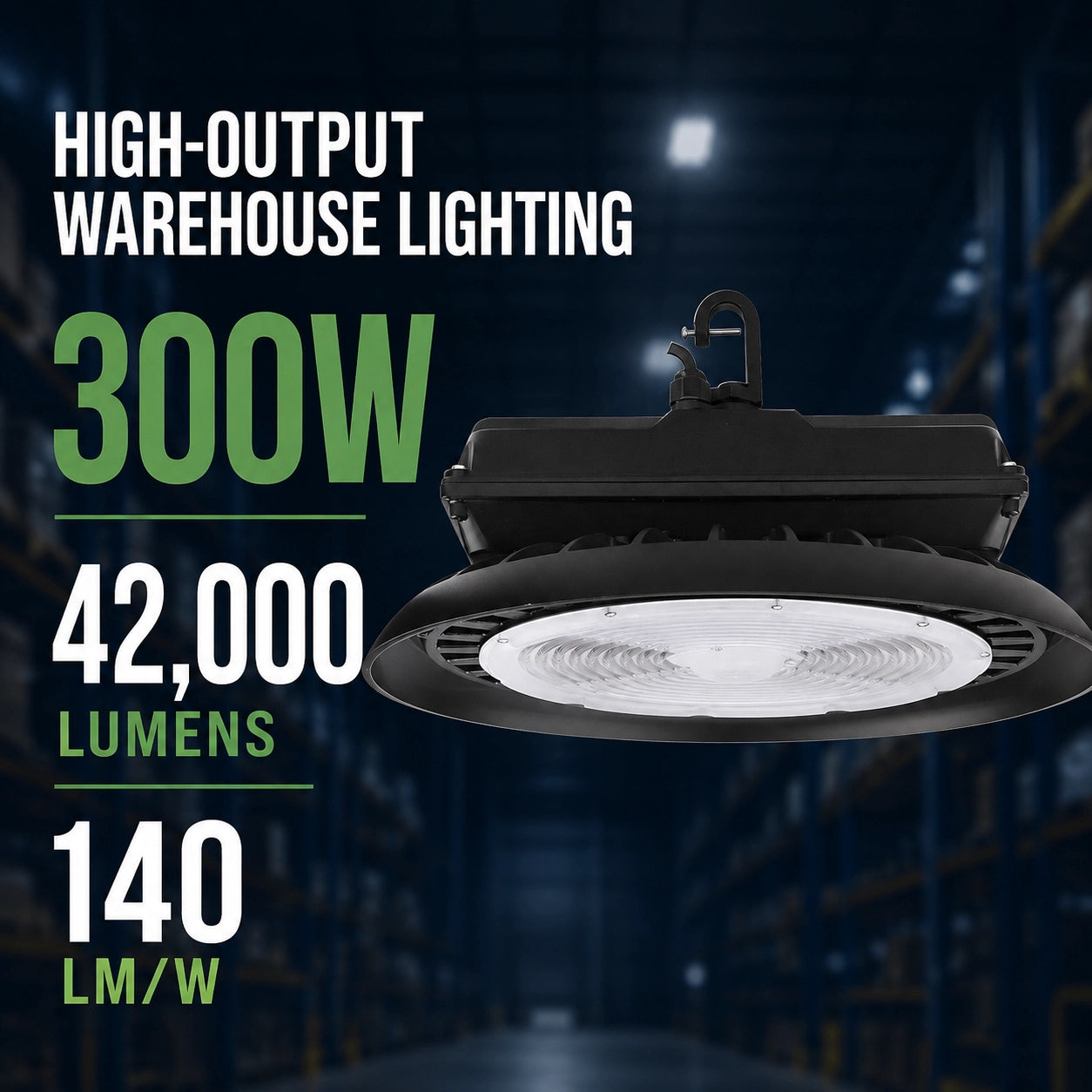 300W LED UFO high bay delivering 42,000 lumens for warehouse and industrial lighting