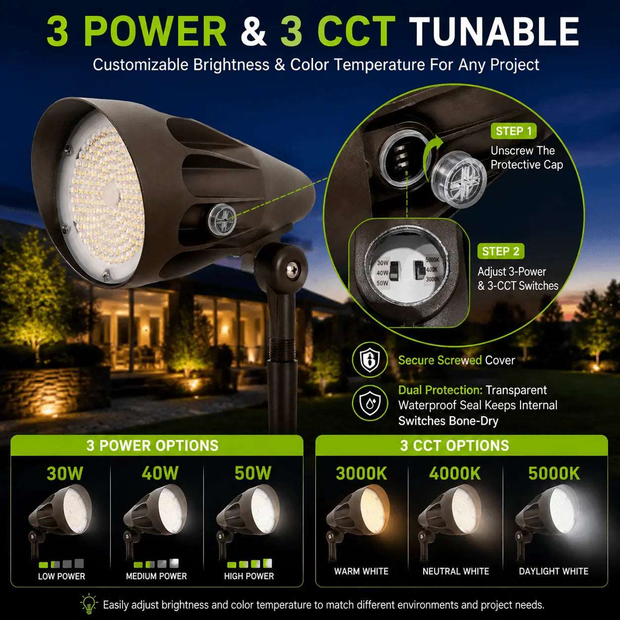 3CCT LED bullet flood light with selectable 3000K 4000K and 5000K color temperatures