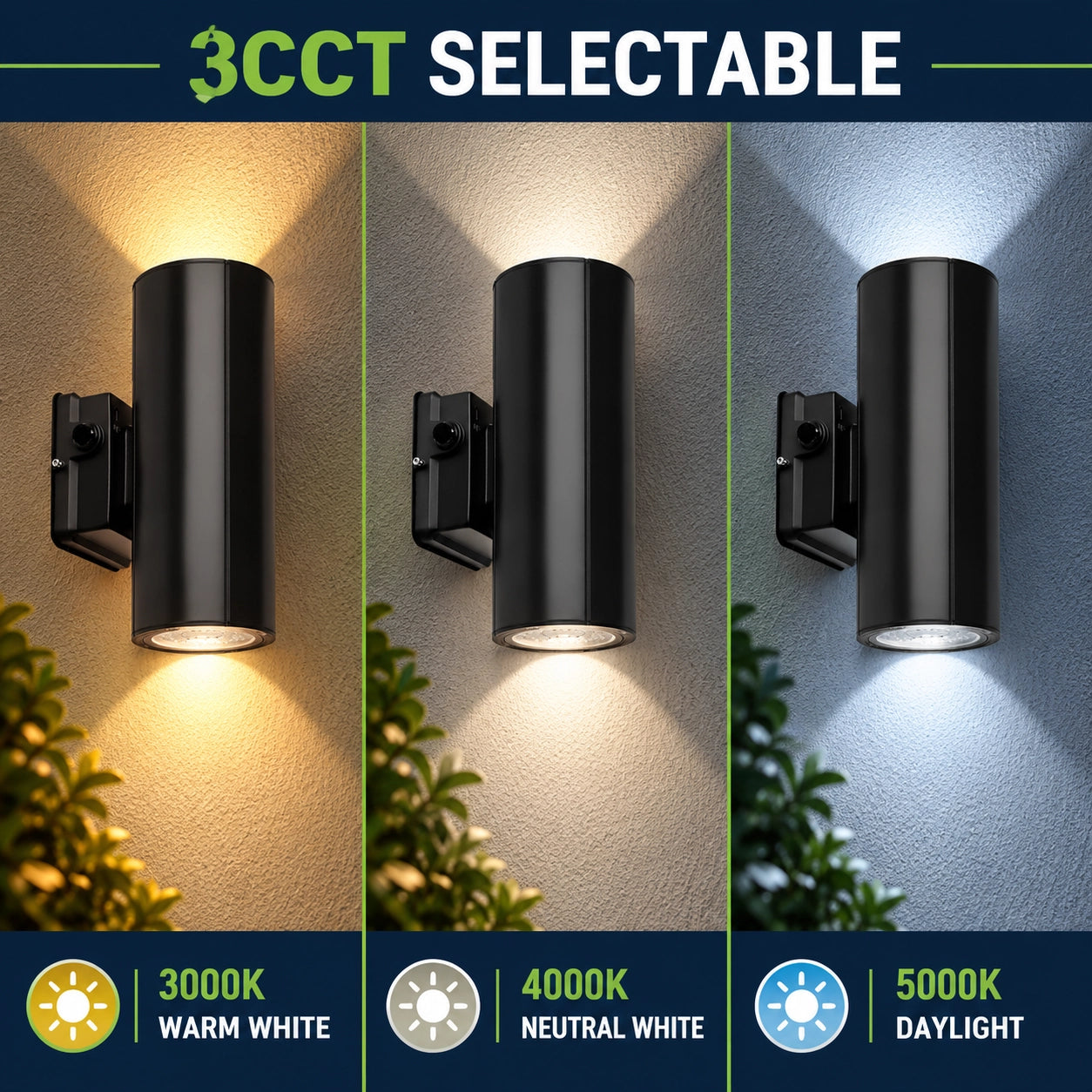 3CCT LED up down wall light with selectable 3000K 4000K and 5000K color temperatures