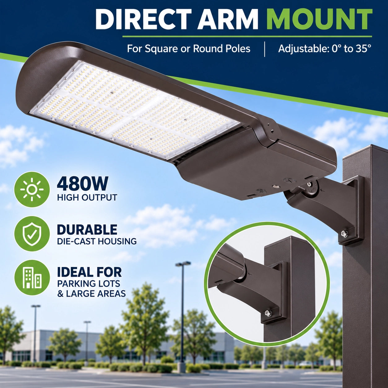 480W commercial LED parking lot light with dark bronze housing for large outdoor applications