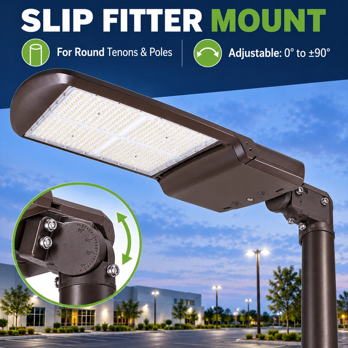 480W LED parking lot light with 0-10V dimming for flexible commercial outdoor lighting control
