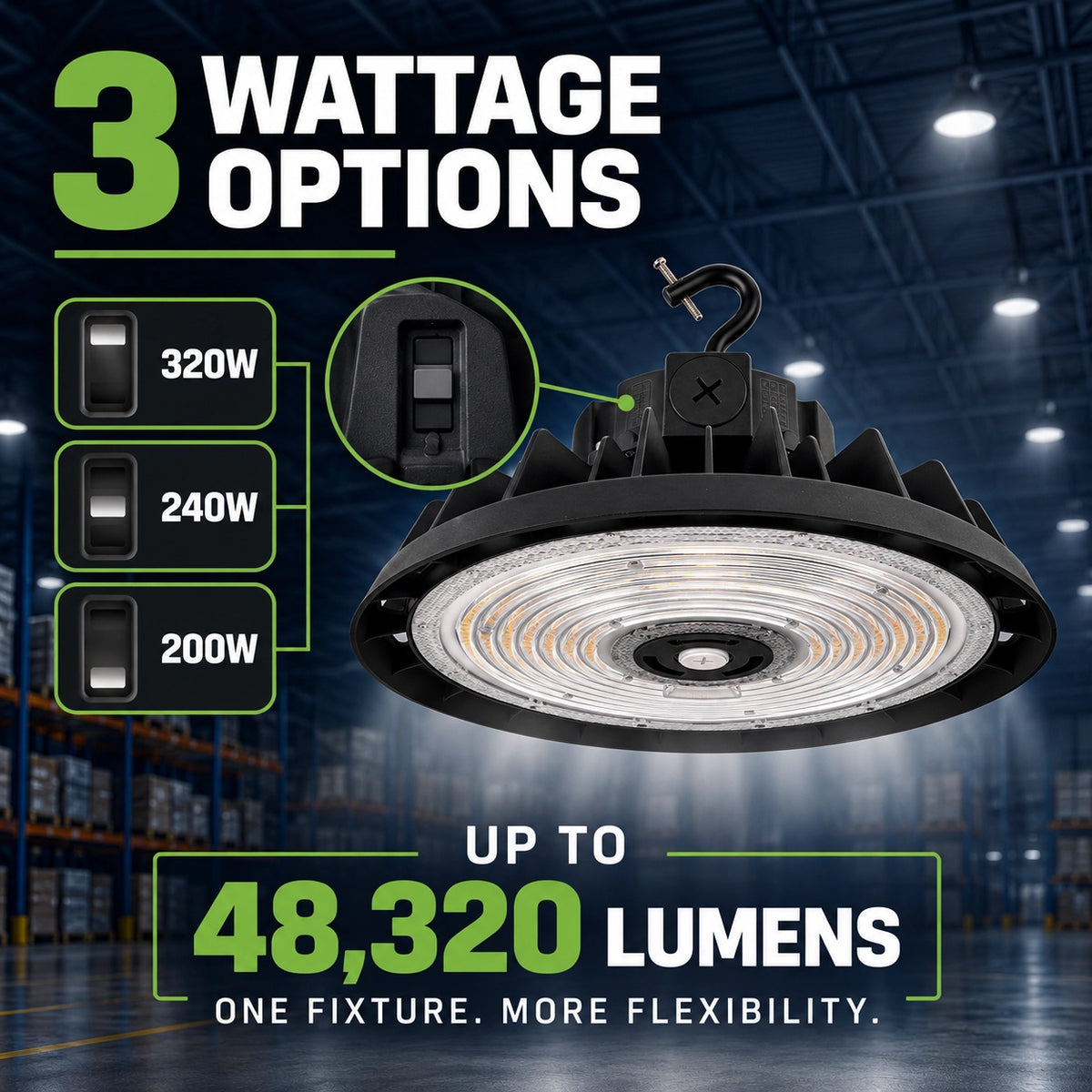320W UFO LED high bay delivering up to 48,320 lumens for high-ceiling warehouse lighting
