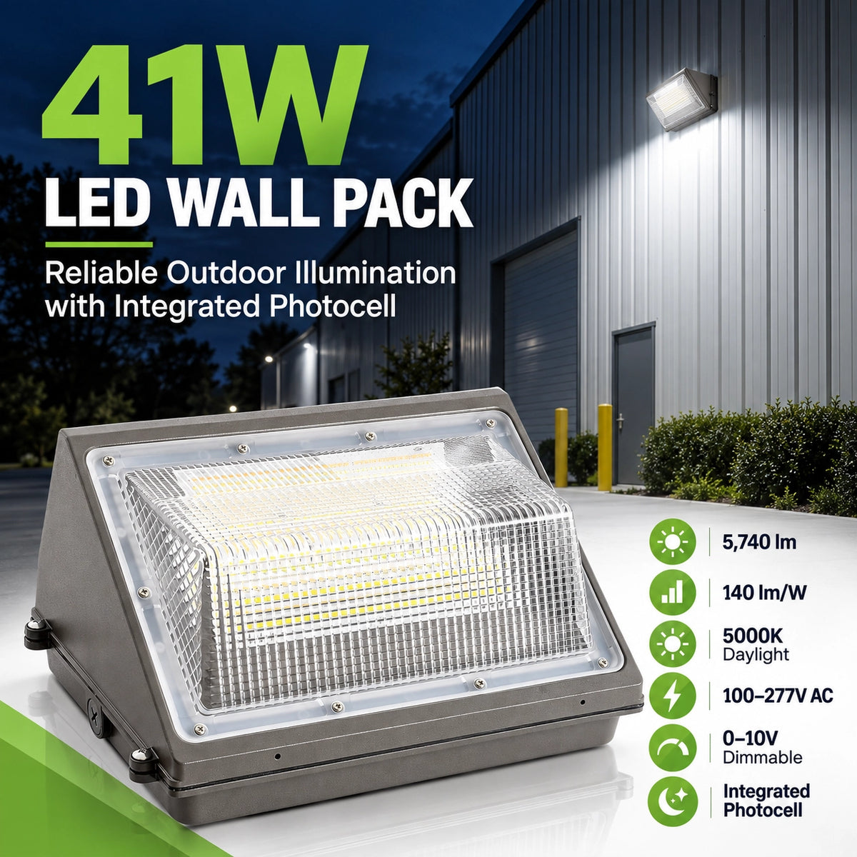 5,740 lumen LED wall pack light with 5000K daylight output for outdoor commercial lighting