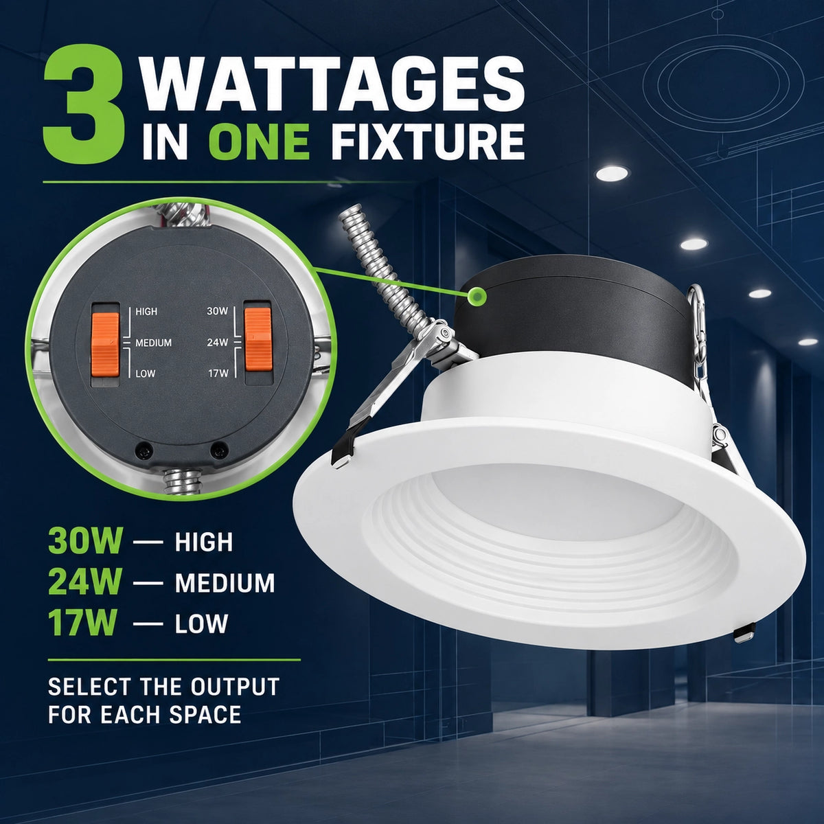 8 inch commercial downlight with selectable 17W 24W and 30W settings for flexible lighting projects