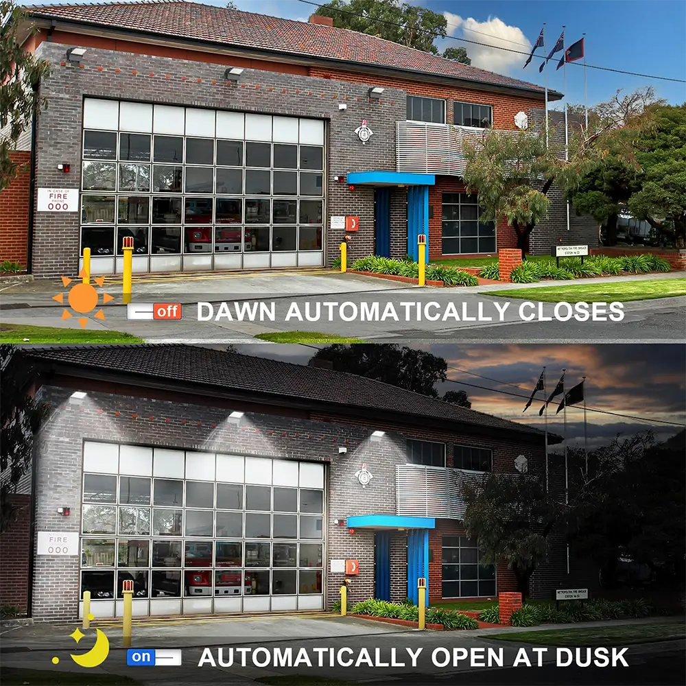 TANLITE LED wall pack light installed in factory exterior, providing 5000K daylight illumination with full cutoff optics