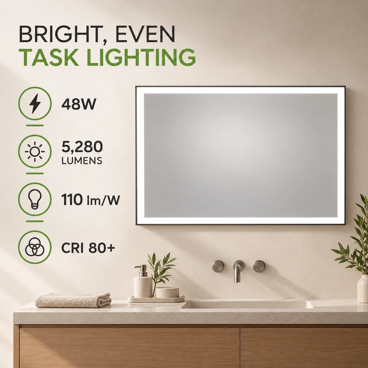 36" × 48" LED Vanity Mirror, Dimmable 3CCT with Defogger