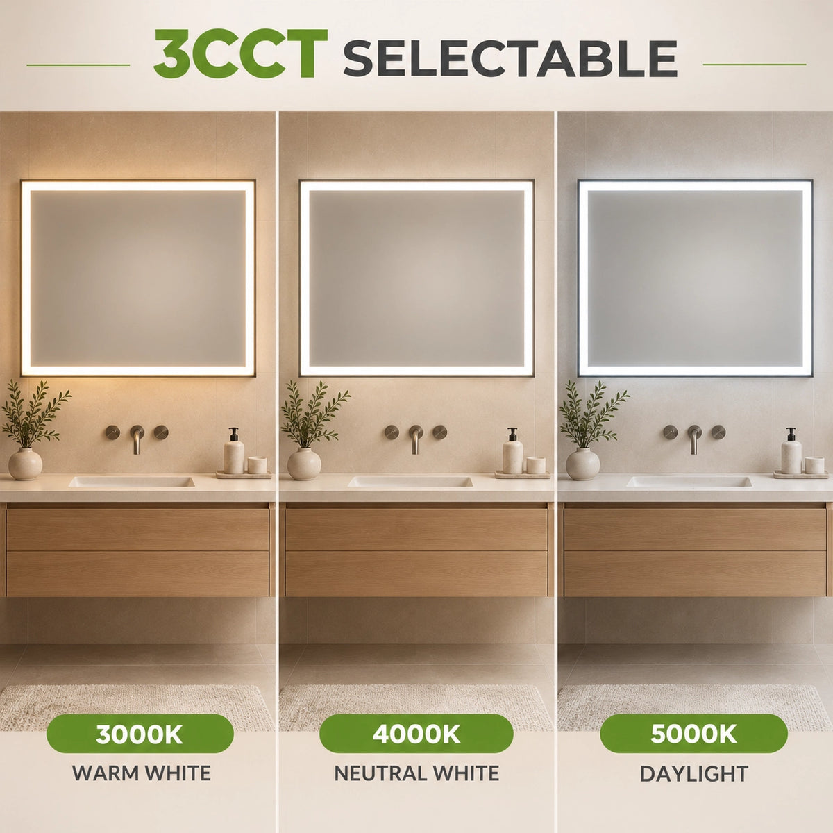 36" × 48" LED Vanity Mirror, Dimmable 3CCT with Defogger