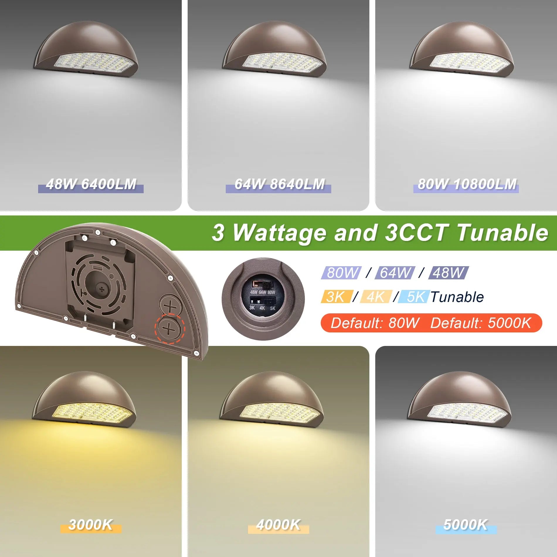 80W/64W/48W Wattage Selectable-LED Half Moon Wall Pack Light- CCT 3000K/4000K/5000K-AC 120~347V- 0~10V dimmable TANLITE