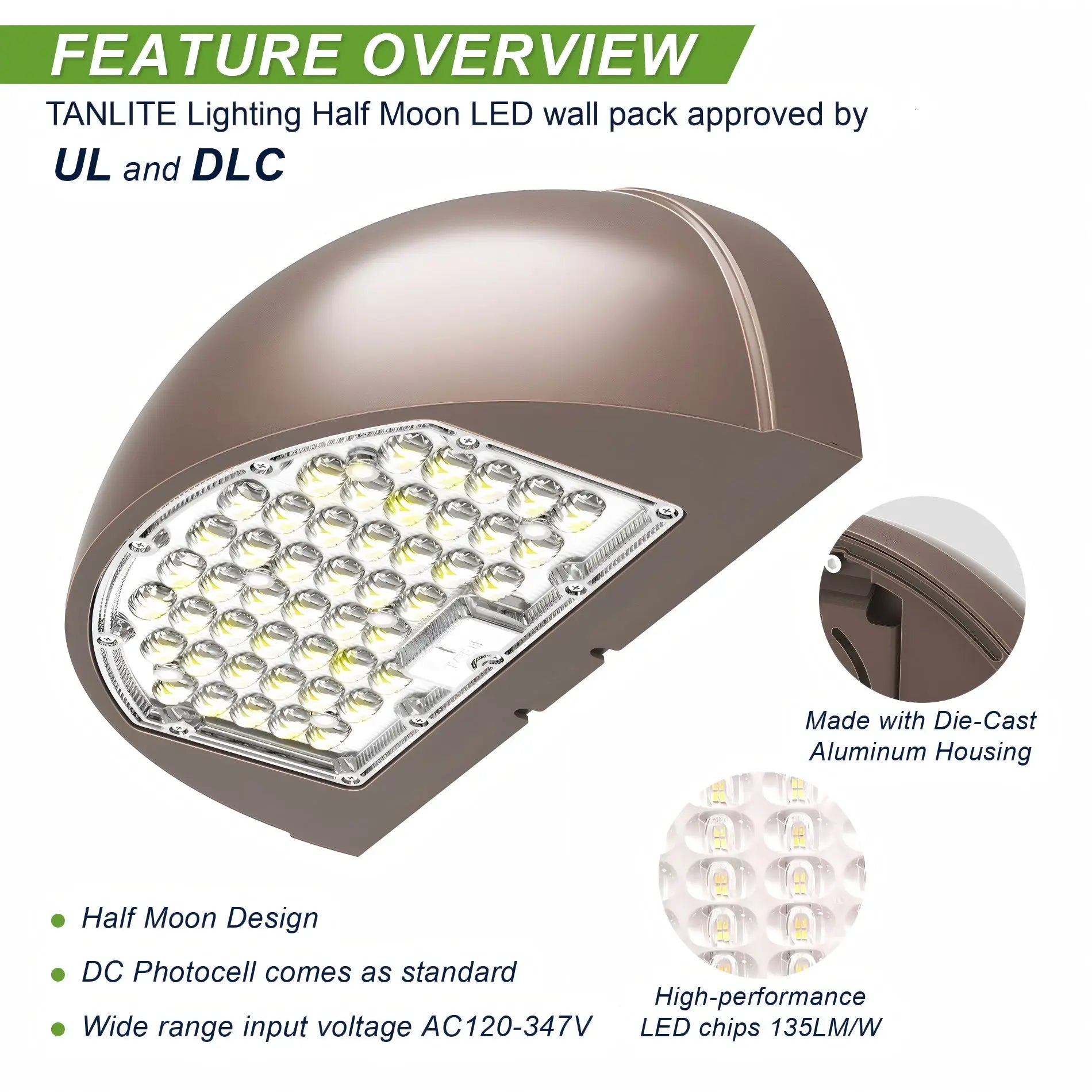 80W/64W/48W Wattage Selectable-LED Half Moon Wall Pack Light- CCT 3000K/4000K/5000K-AC 120~347V- 0~10V dimmable TANLITE