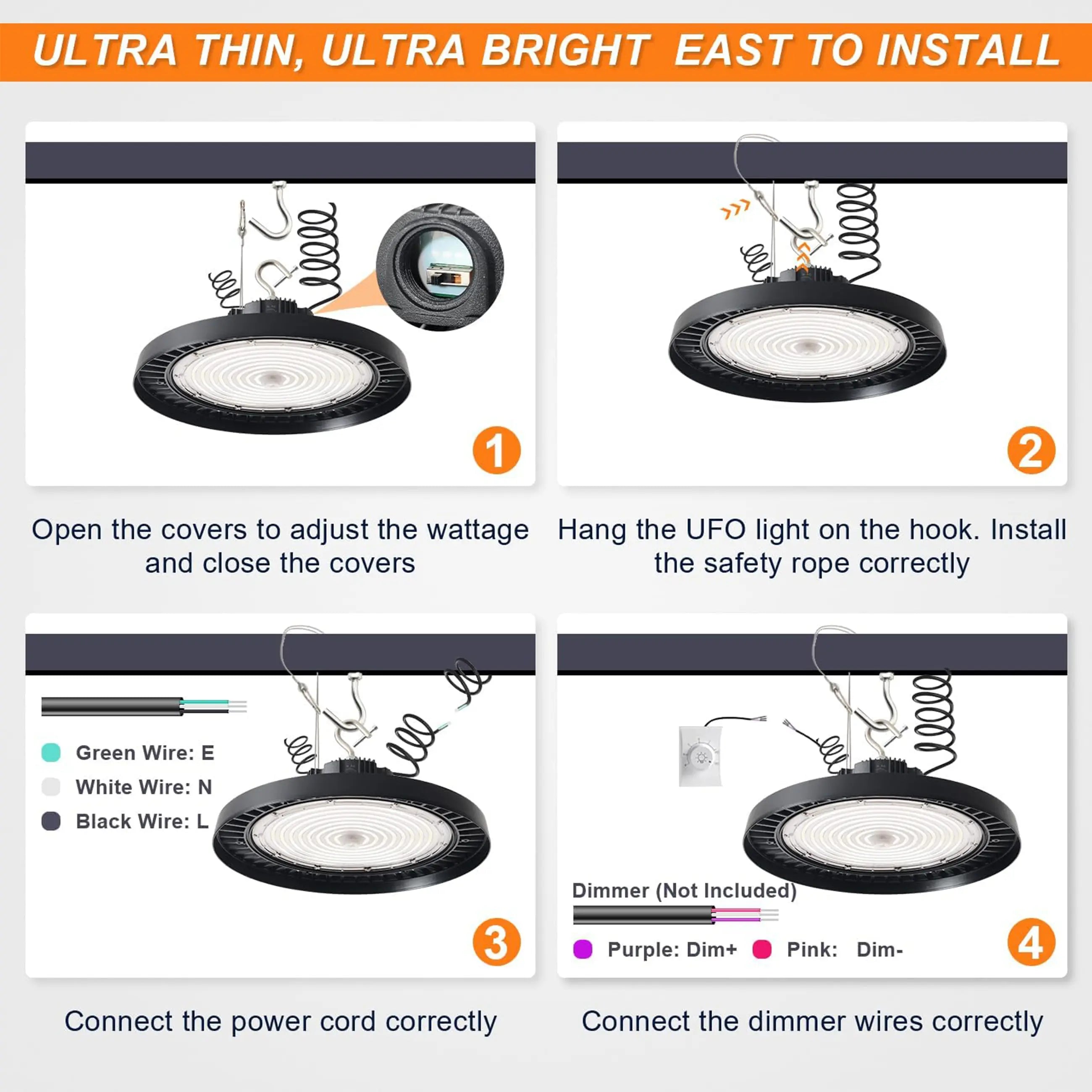 150W 120W 100W Adjustable-480V UFO LED High Bay Light-AC 277-480V-5000K Daylight-LED Shop Lights (500W MH/HPS Equiv.)- 0-10V Dimmable Commercial Bay Lighting for Warehouse Factory TANLITE
