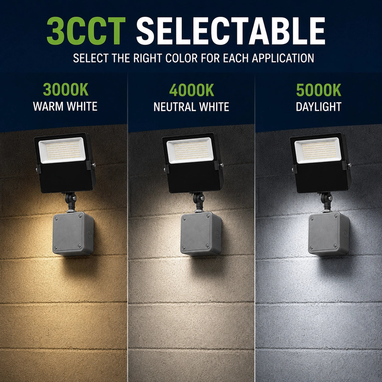 80W/60W/40W Selectable LED Flood Light, 3CCT, Photocell, Knuckle Mount