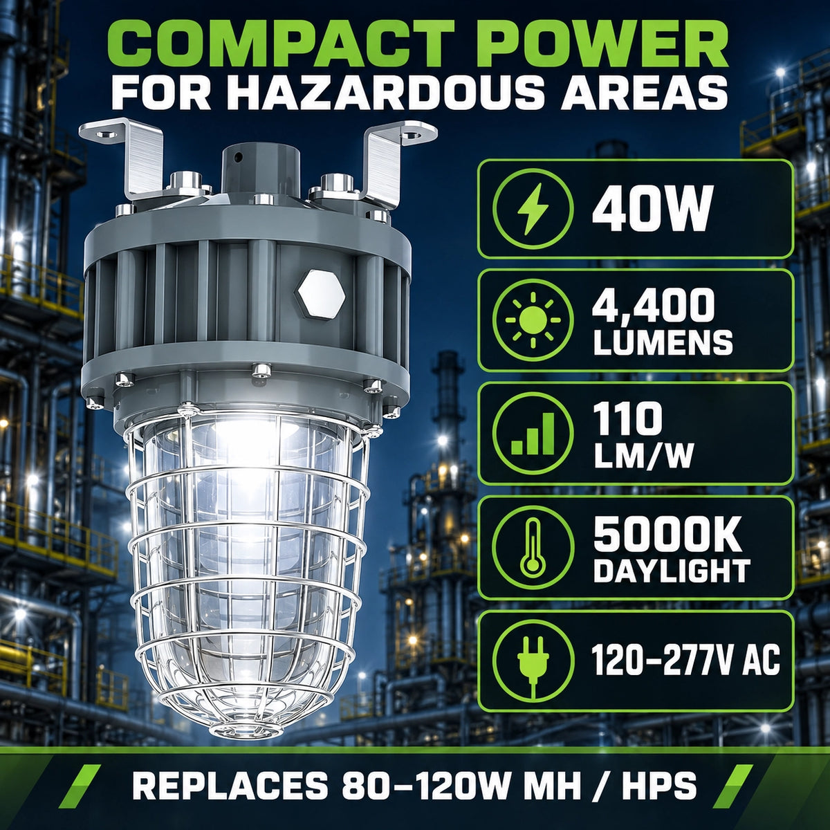 40W Explosion Proof LED Jelly Jar Light, Class I Division 1 & 2, 4,400 Lumens, 5000K, 100–277V