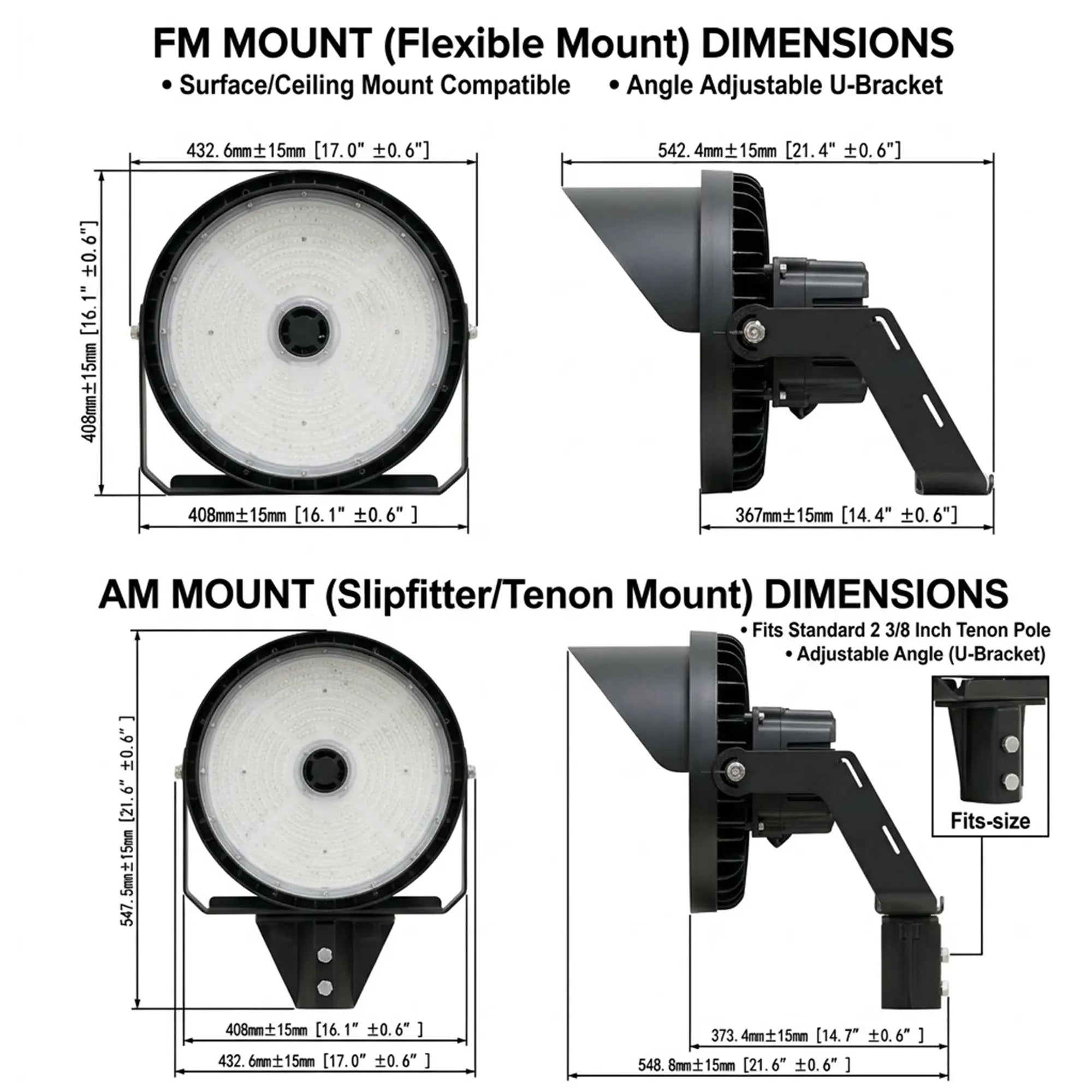 Technical diagram of FM and AM mounts with dimensions and features.