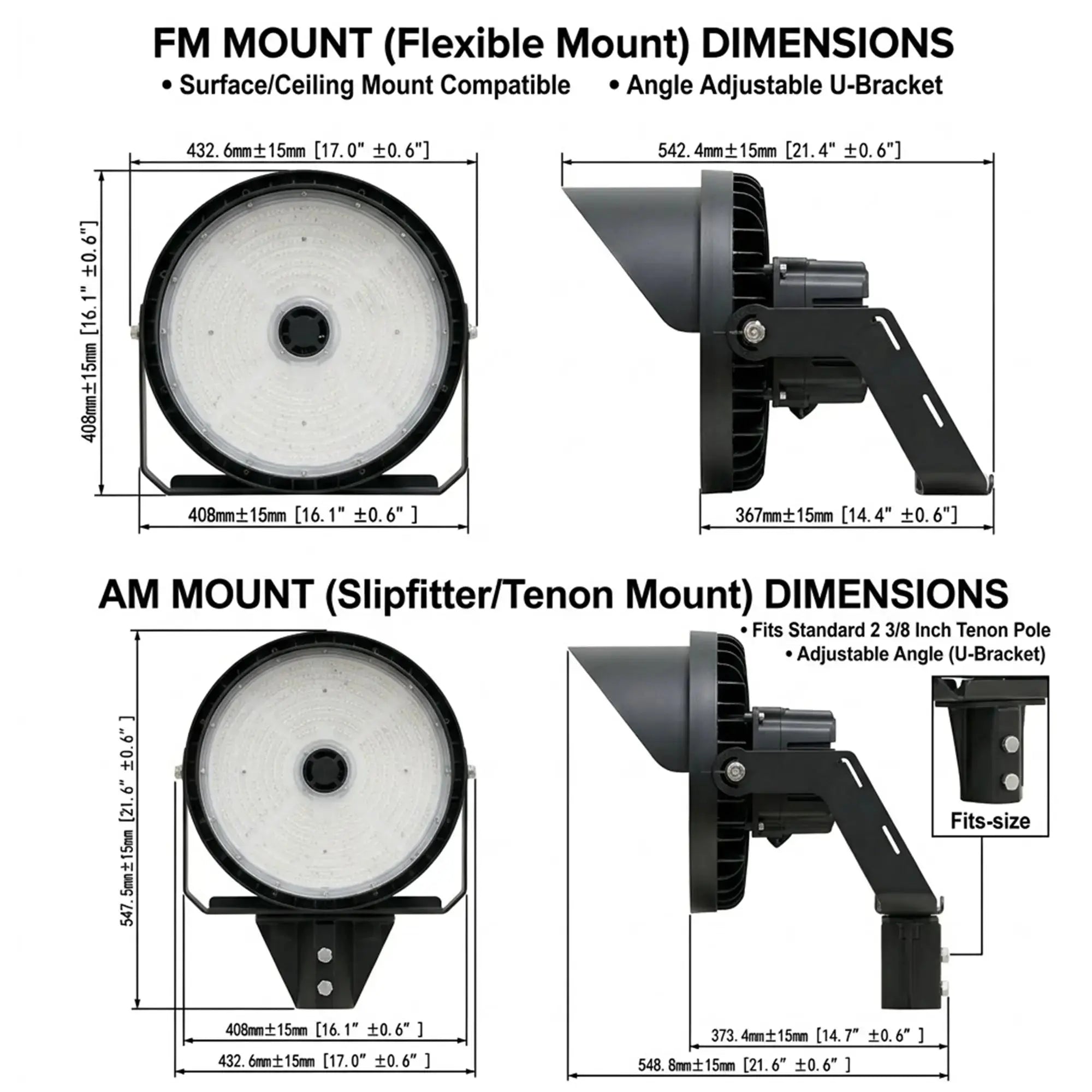 Technical diagram of FM and AM mounts with dimensions and features.