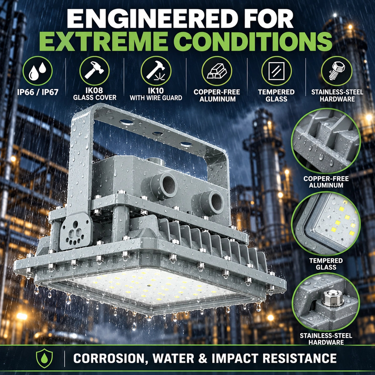 80W explosion proof LED fixture with 10,800 lumens and 5000K daylight output