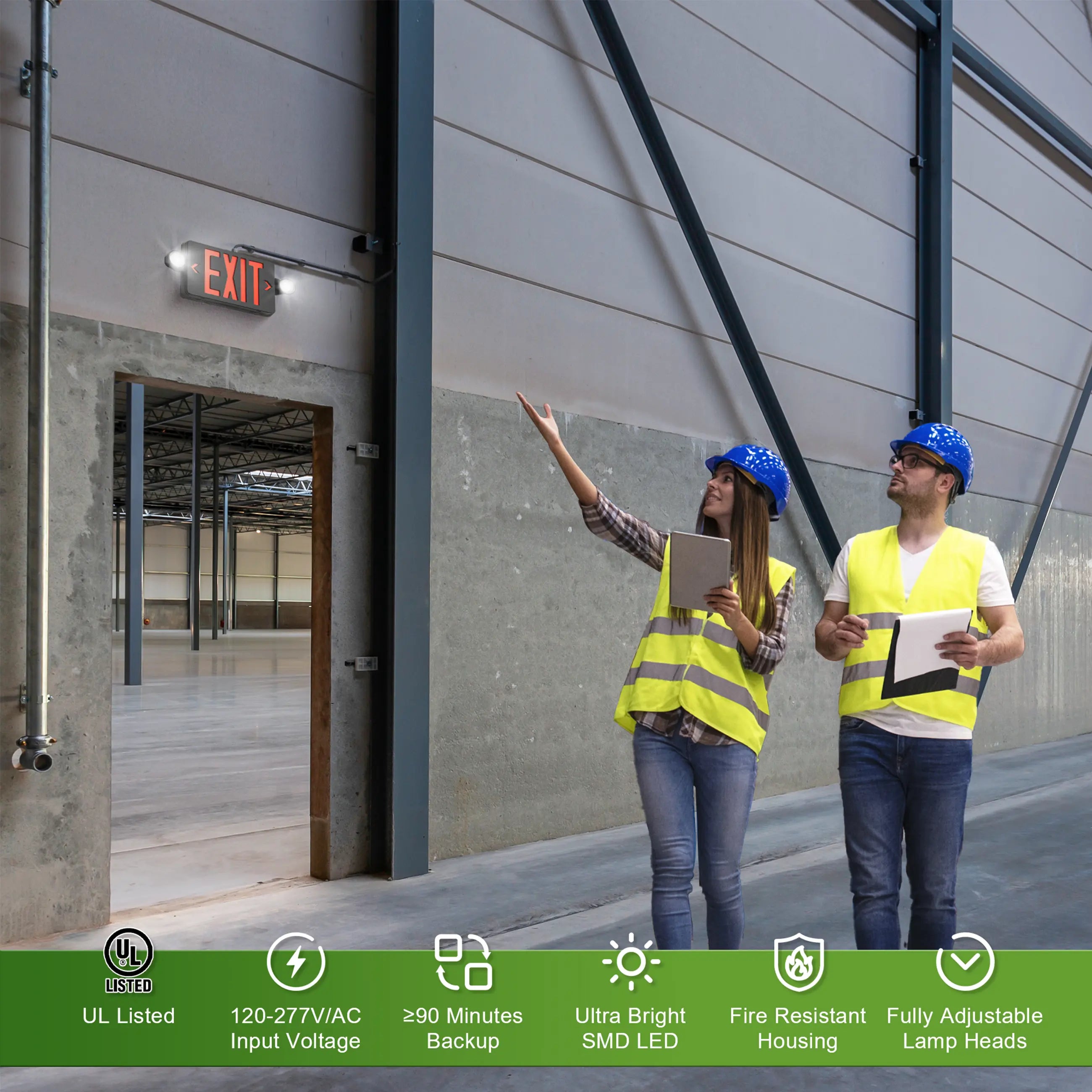 Black Combo Red Letter LED Emergency Exit Sign-Battery Backup-Adjustable Light Heads-Single or Double Face TANLITE