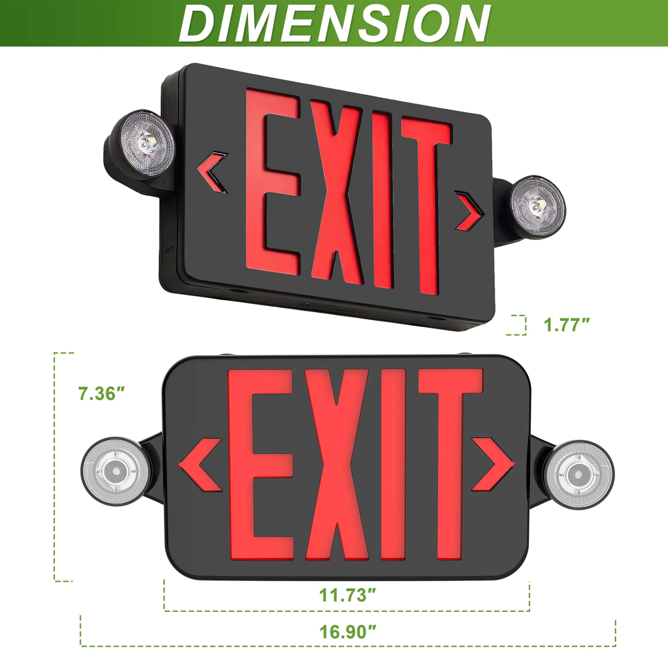 Black Combo Red Letter LED Emergency Exit Sign-Battery Backup-Adjustable Light Heads-Single or Double Face TANLITE