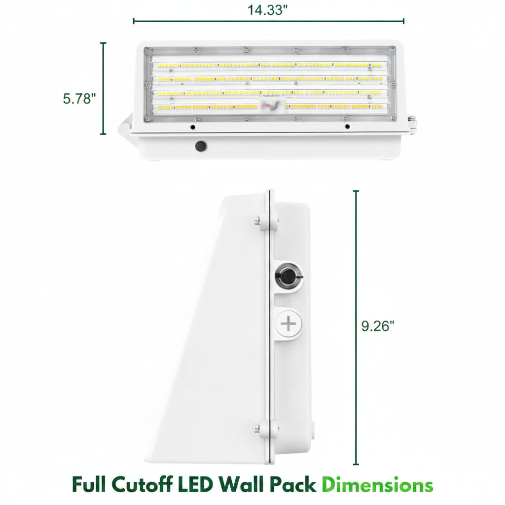Dimensions of a Full Cutoff LED Wall Pack on a white background
