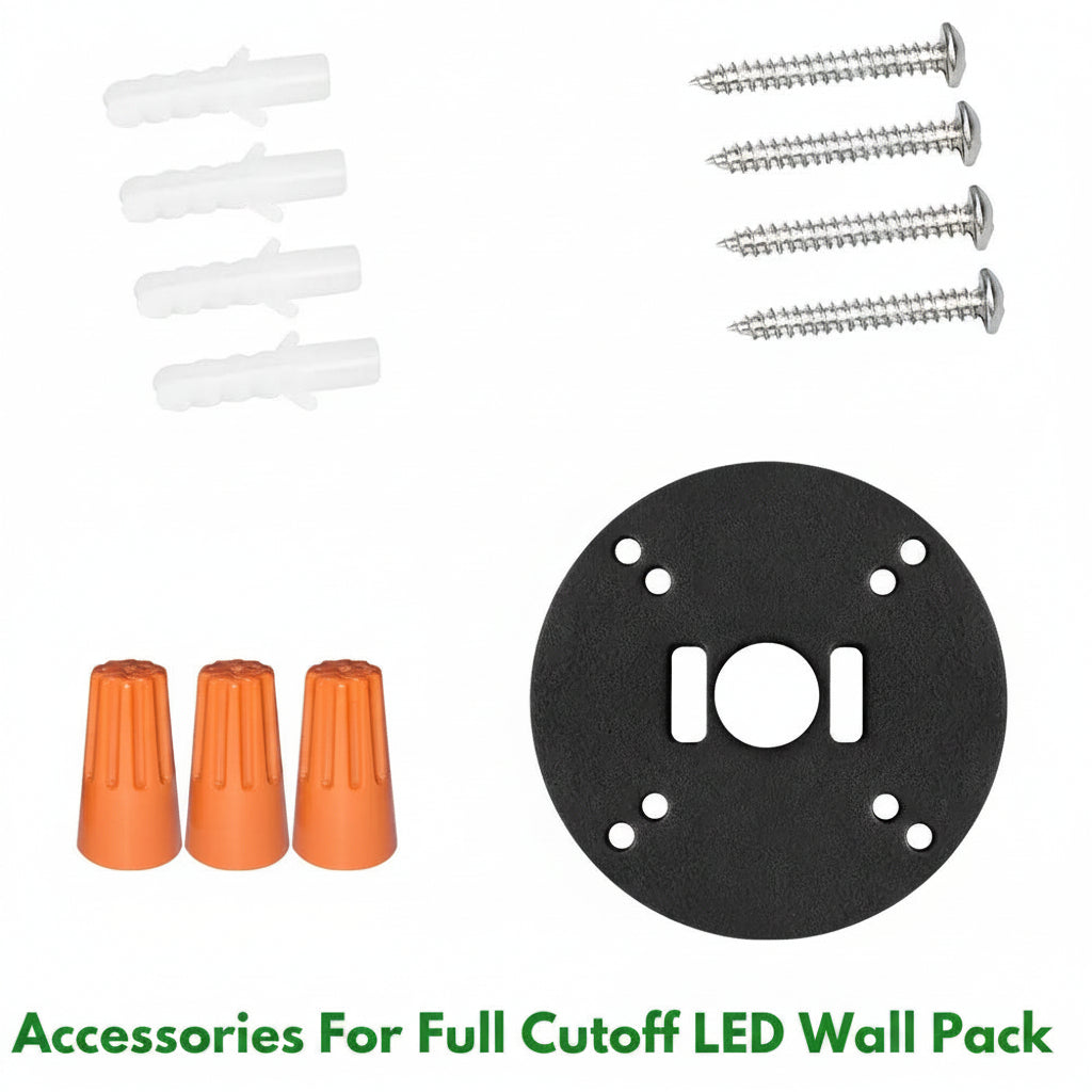 Set of accessories for full cutoff LED wall pack including screws, washers, and connectors on a white background.