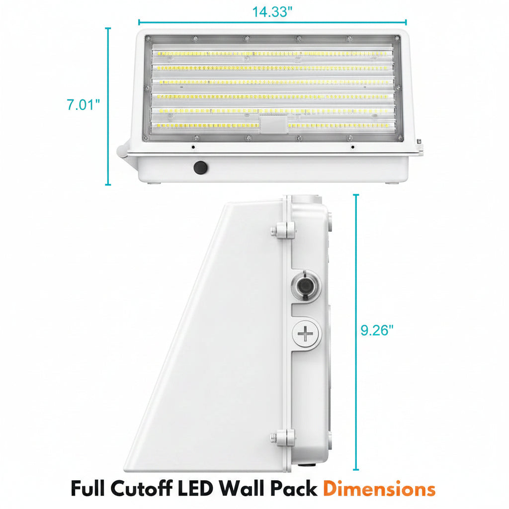 LED wall pack light with dimensions labeled on a white background