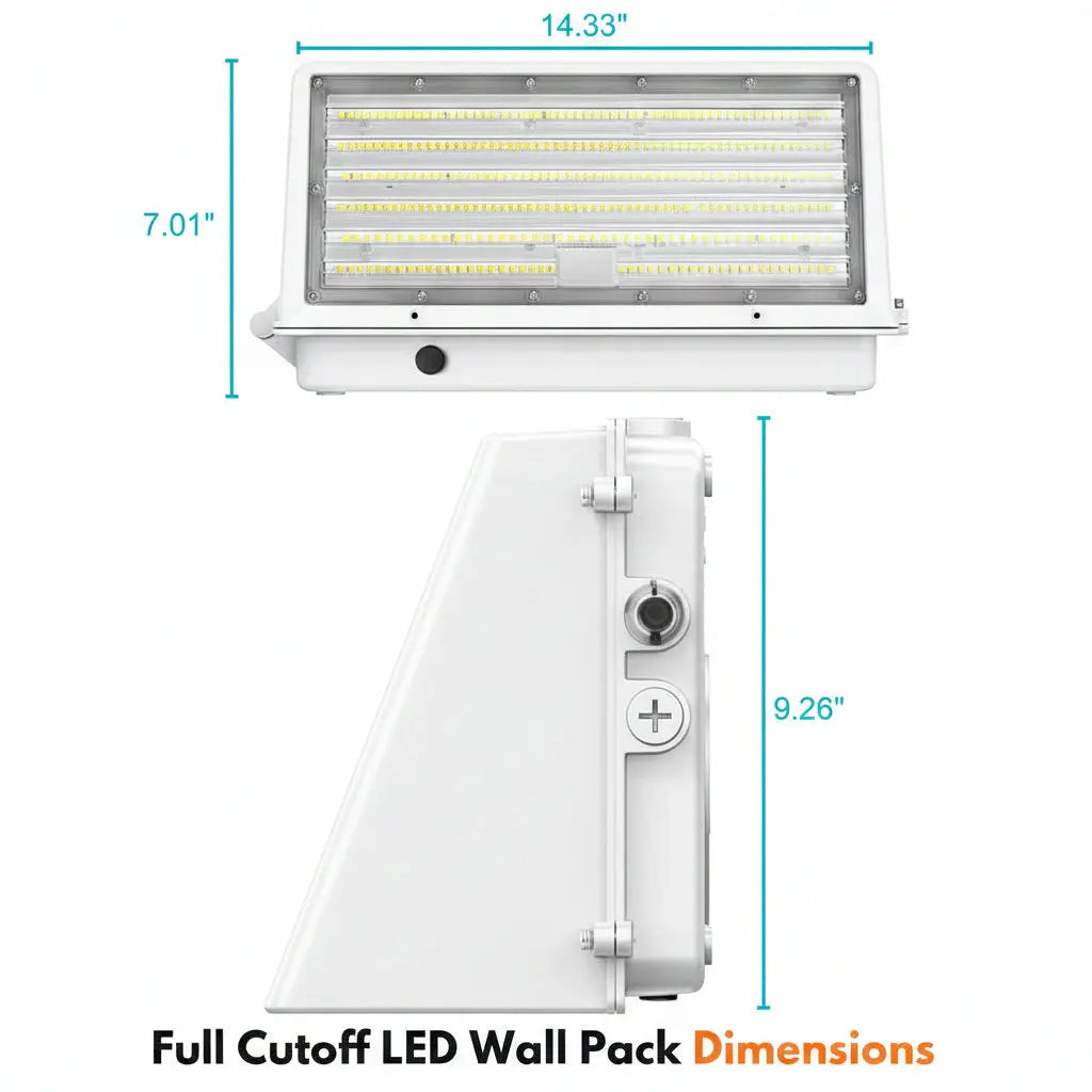 LED wall pack light with dimensions labeled on a white background