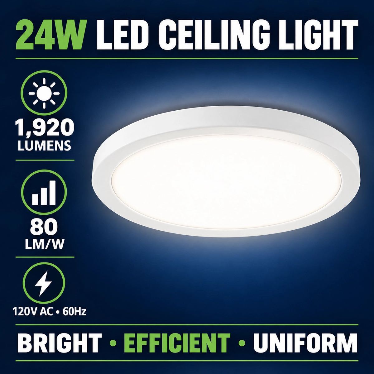 13 Inch 24W Round Flush Mount LED Ceiling Light, 5CCT, White