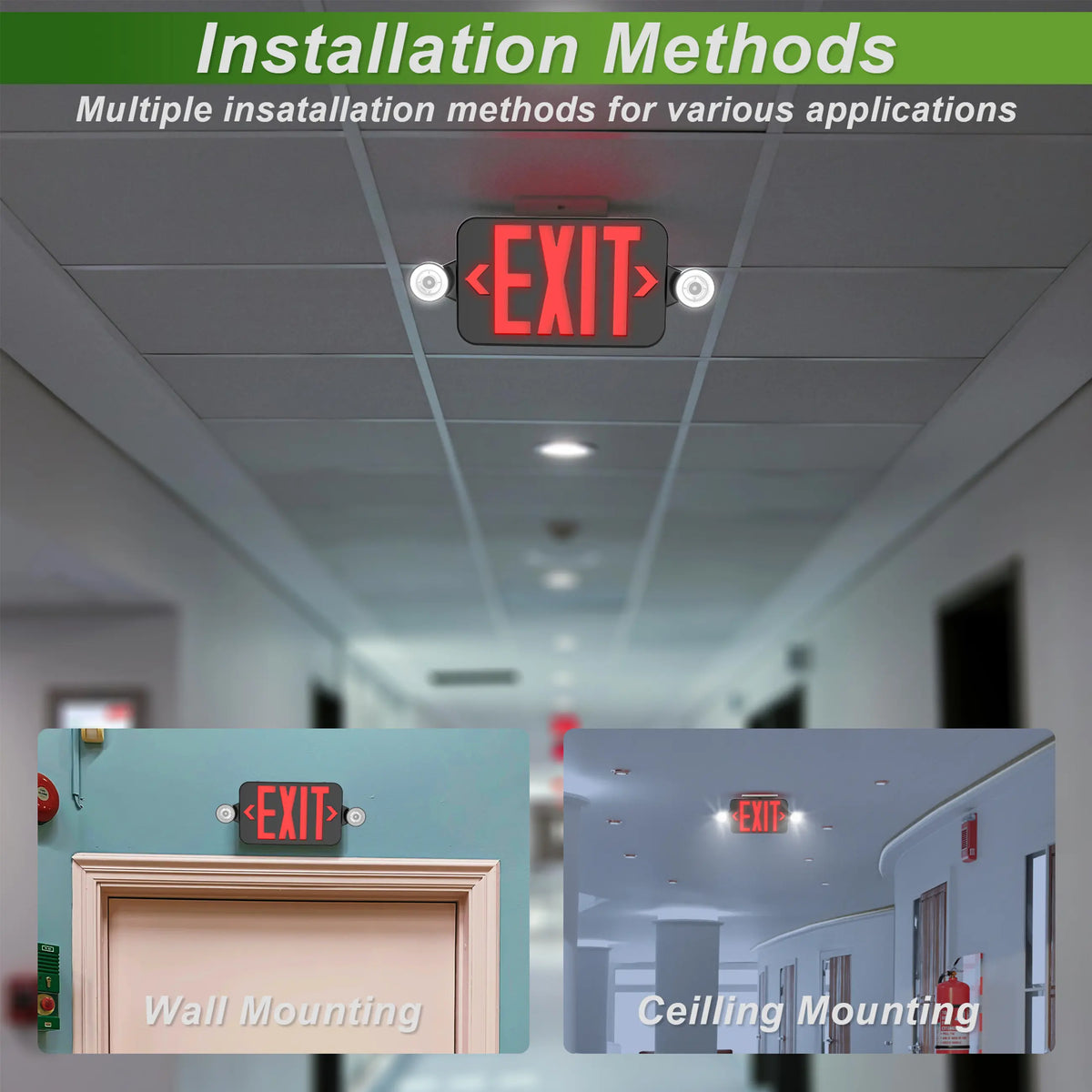 Black emergency exit sign with two adjustable LED light heads for commercial egress lighting