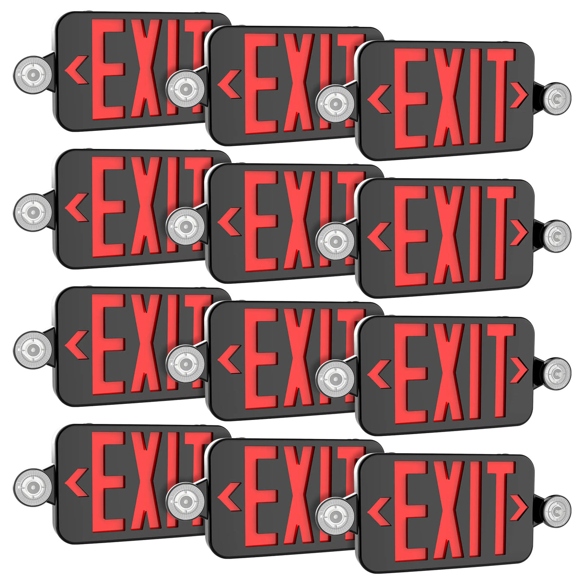 Black LED exit sign with emergency light heads dimensions 11.73 by 7.36 by 1.77 inches