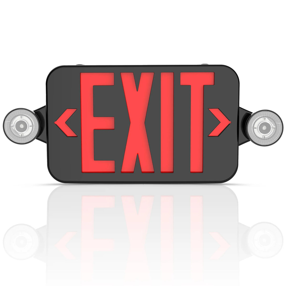 Black LED exit sign with red letters adjustable emergency light heads and battery backup