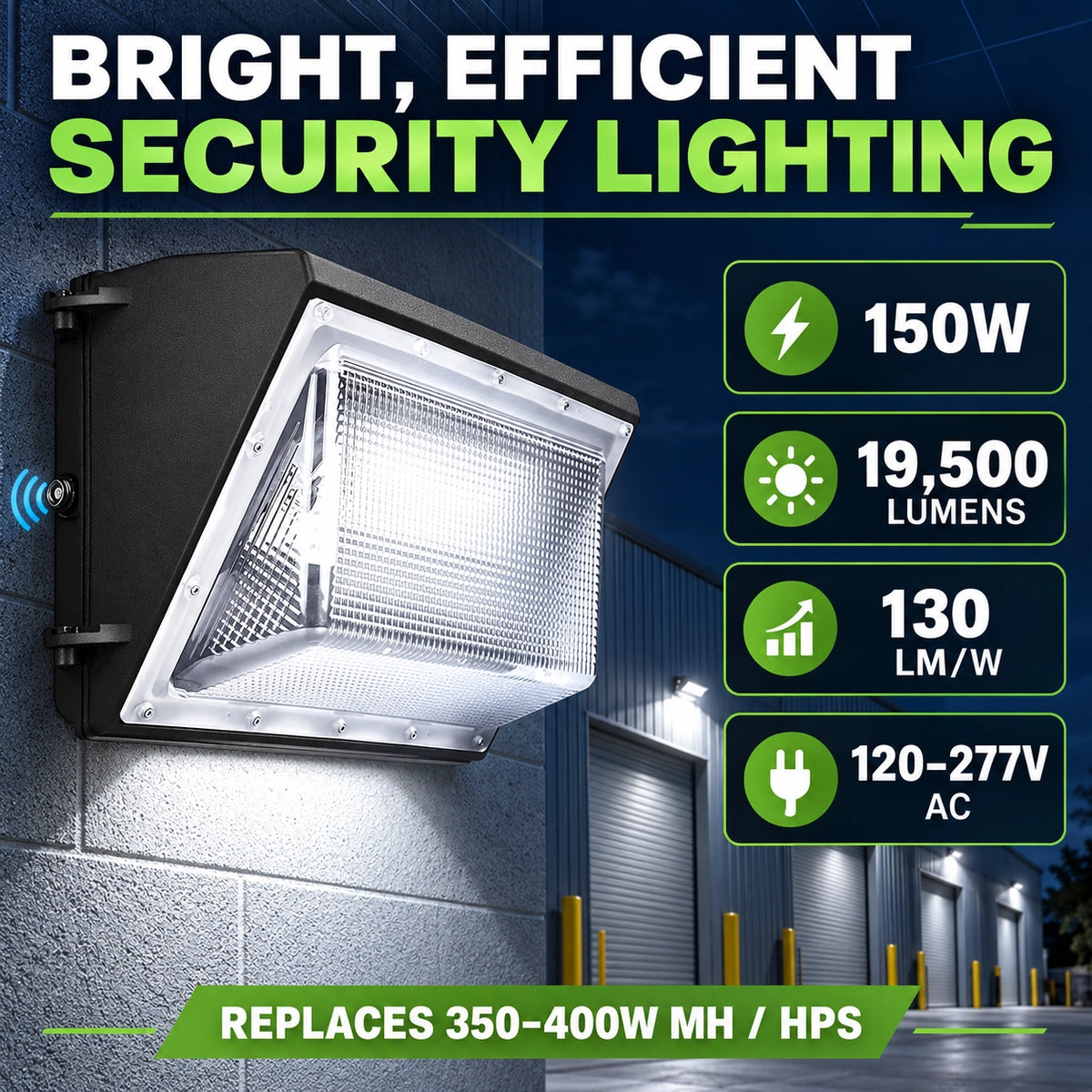 Commercial LED wall pack light with 5000K daylight illumination for warehouses and building exteriors