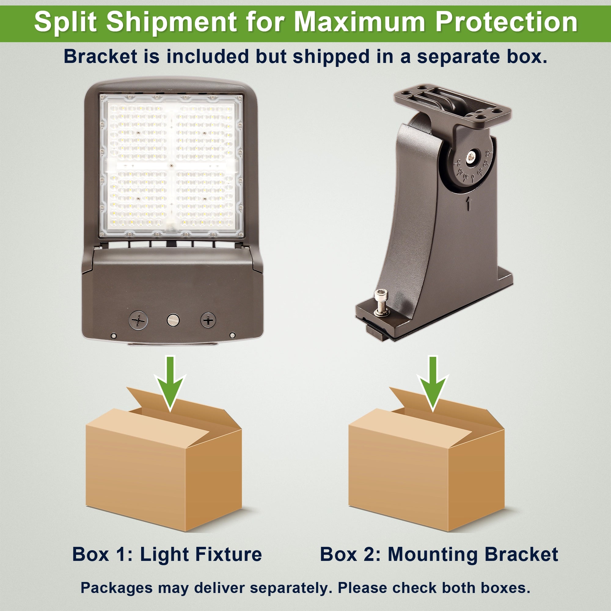Commercial LED shoebox light with direct arm mount for roadway and parking lot poles