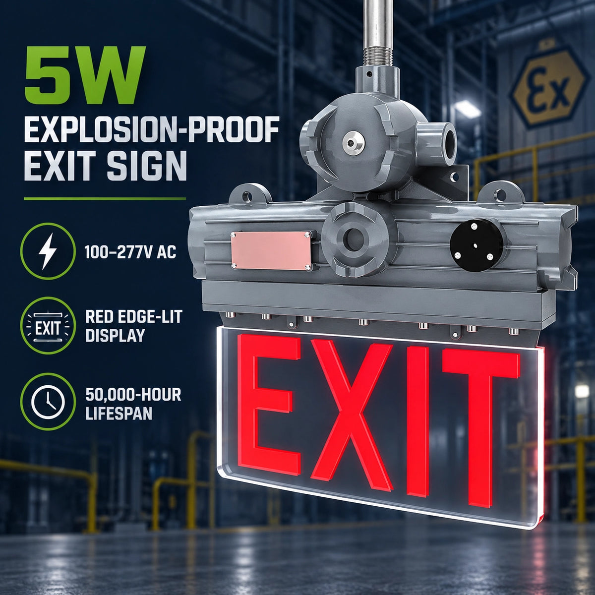Edge lit explosion proof exit sign for industrial hazardous location emergency lighting