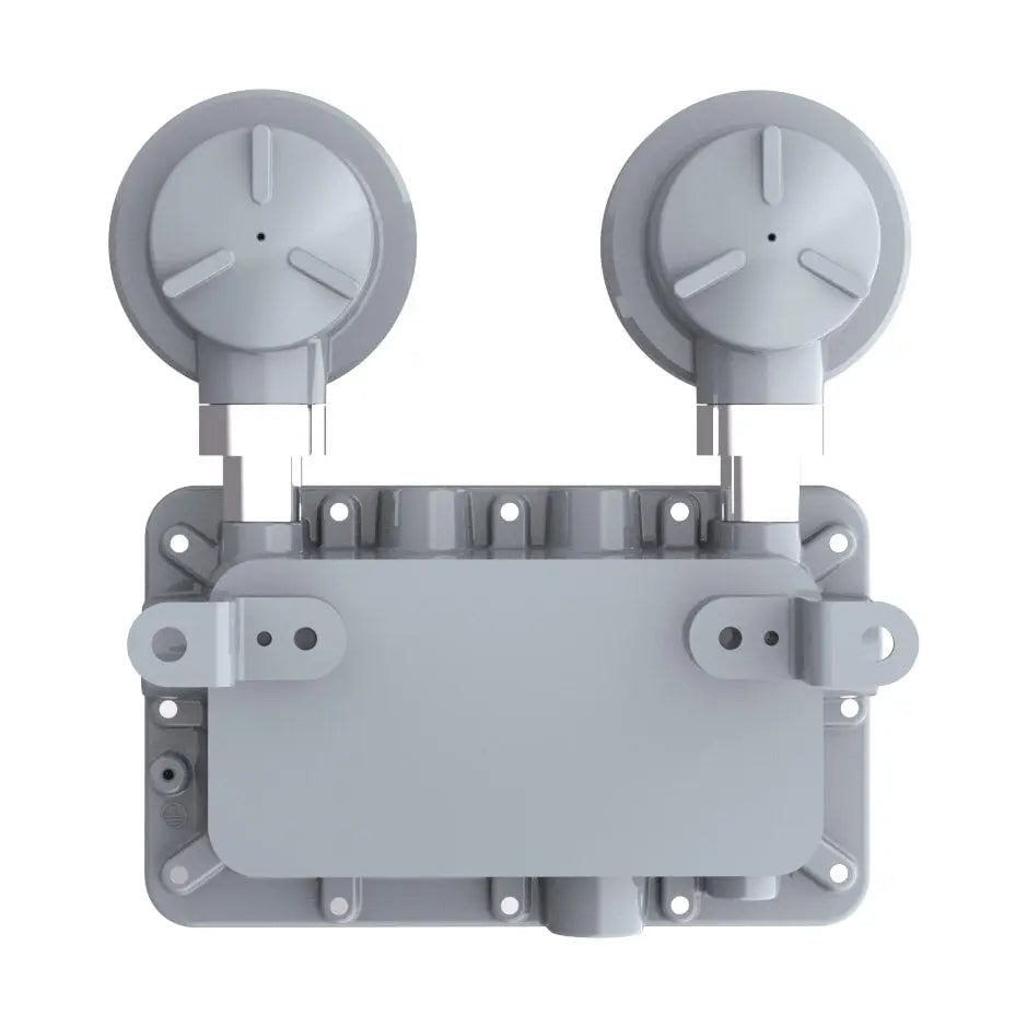 Back view of explosion proof emergency light with rugged industrial housing for hazardous areas