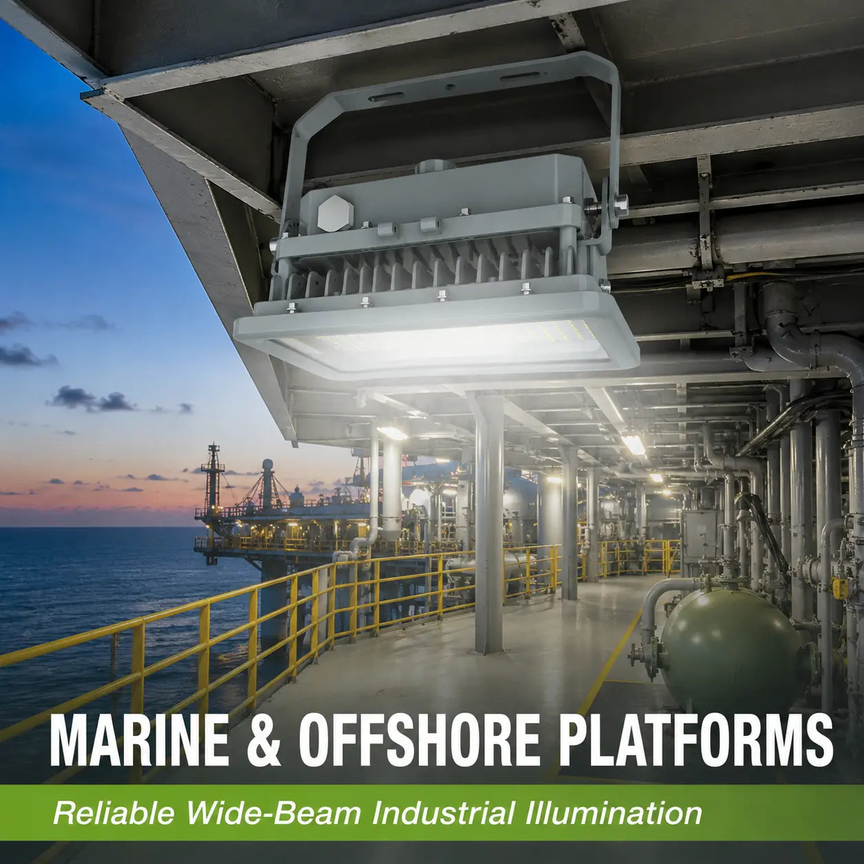 Wide-beam LED explosion proof flood light installed on a marine and offshore platform
