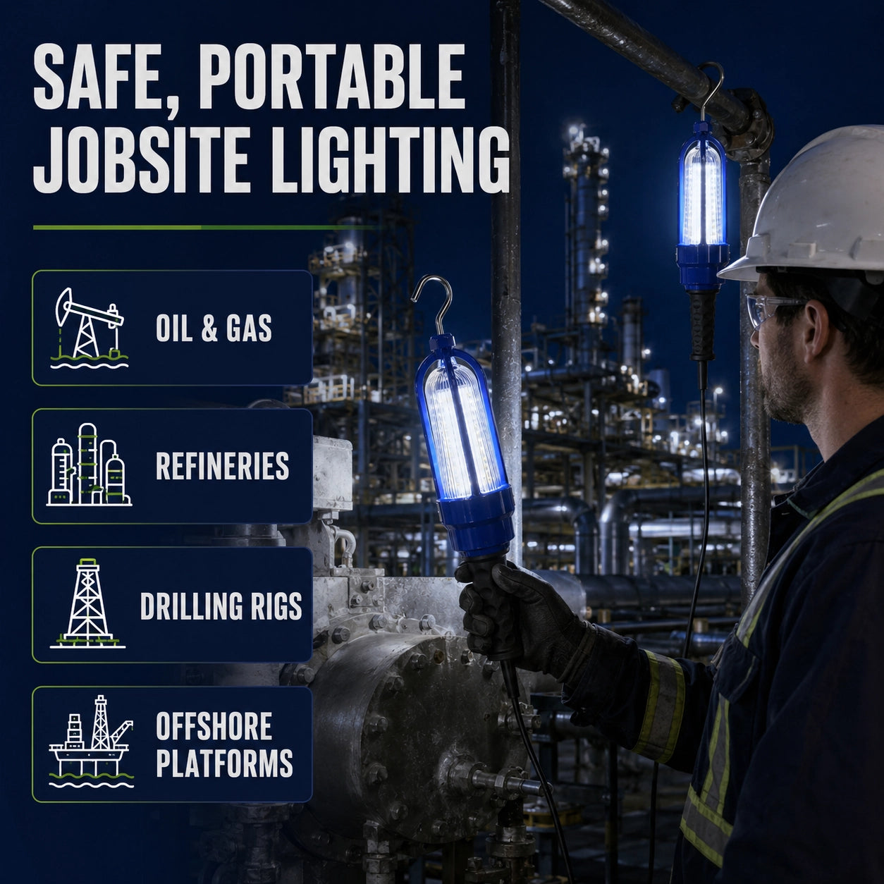Explosion proof hand lamp with 2 meter 6.5 foot cord for portable industrial inspection and maintenance