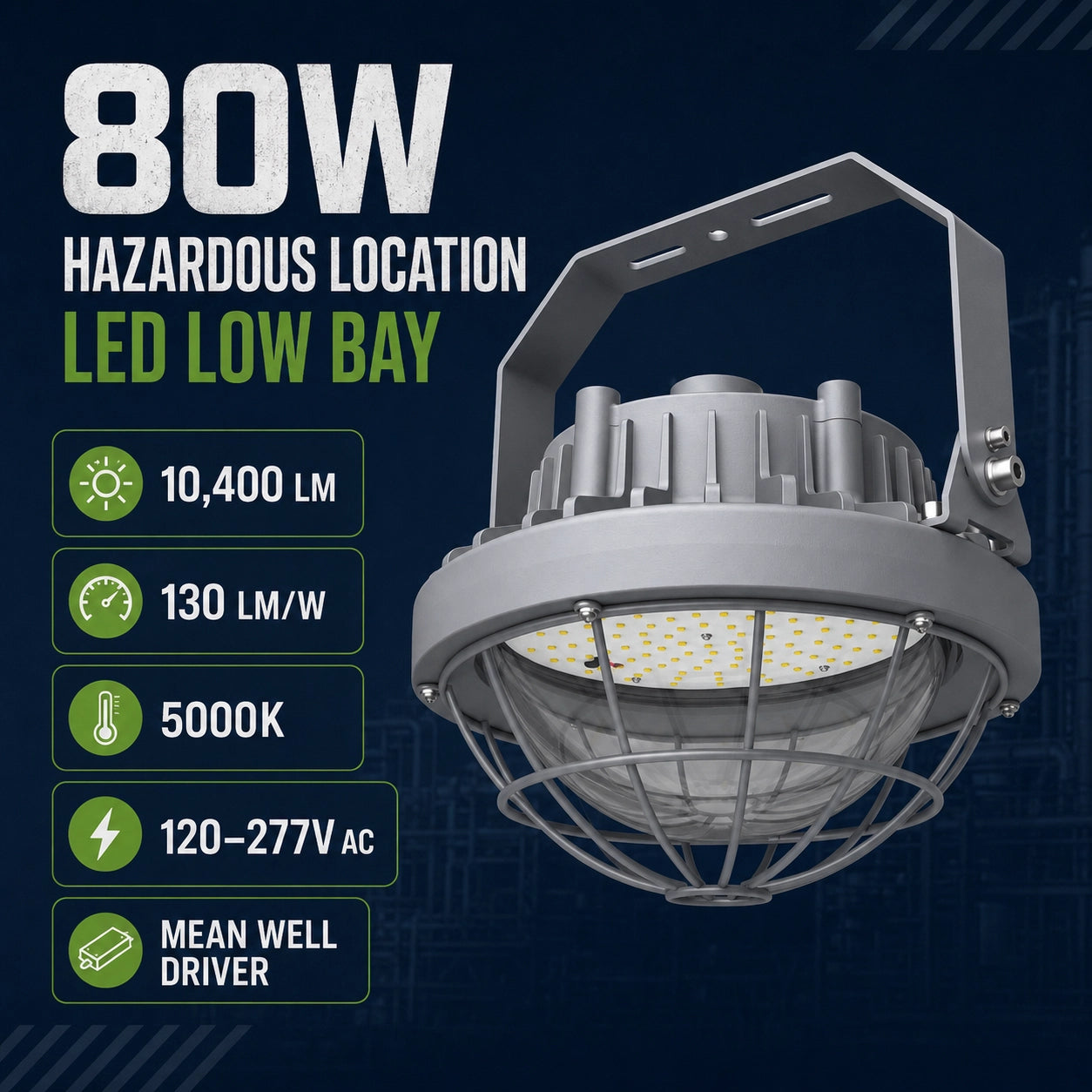 Explosion proof LED low bay light delivering 10,400 lumens at 5000K daylight